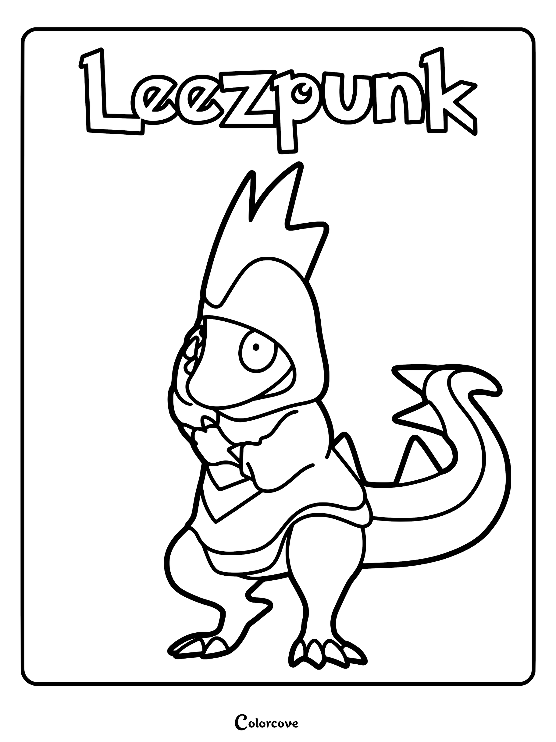 A printable coloring page featuring the Palworld character Leezpunk standing with its signature hood and spiky crest.