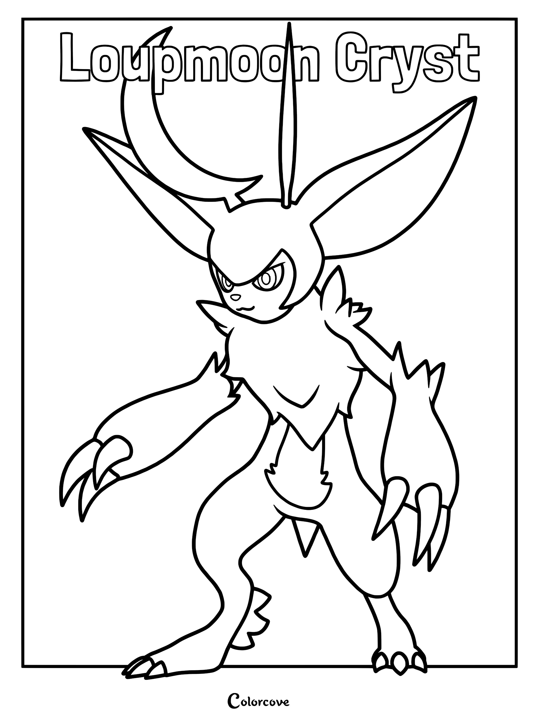 Loupmoon Cryst character from Palworld standing in a dynamic pose, featured on a printable coloring page with bold outlines.