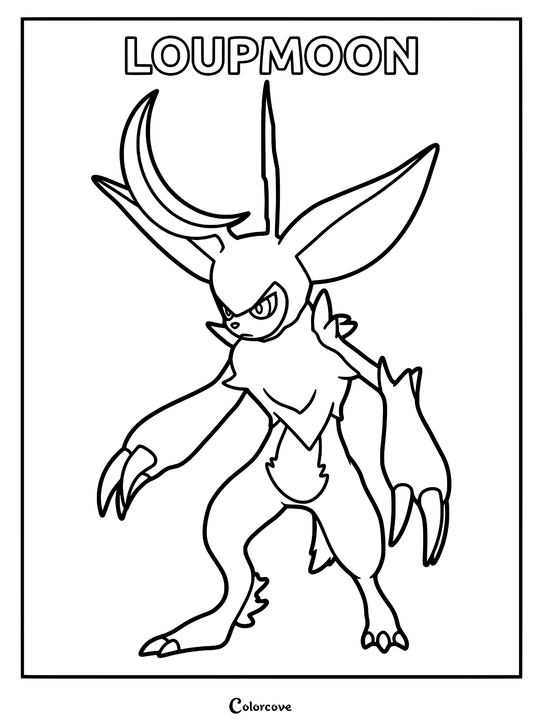 Loupmoon from Palworld standing in a dynamic pose, featuring its signature crescent moon horn and sharp claws, presented as a printable coloring page.