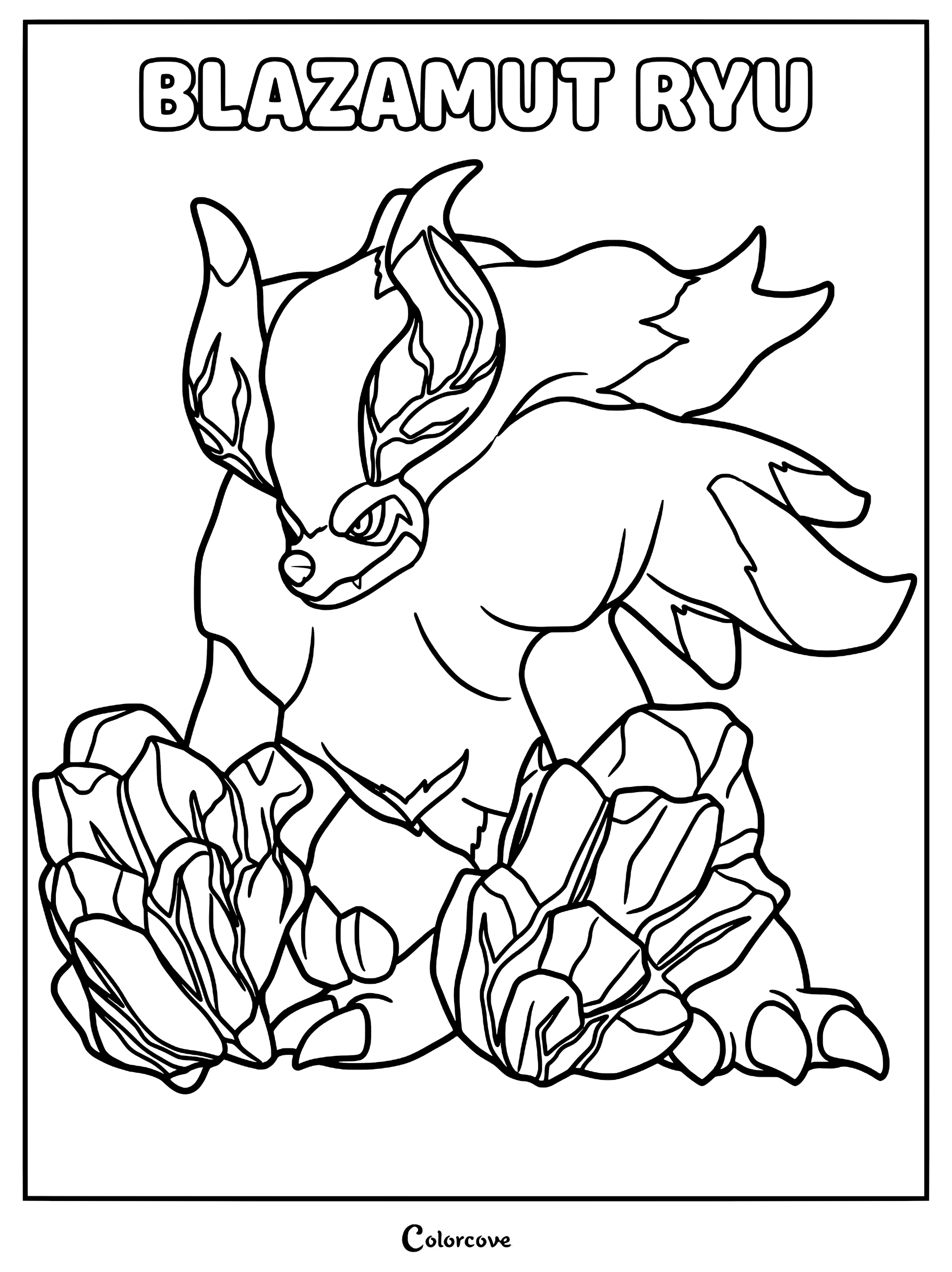 A detailed coloring page of the Palworld character Blazamut Ryu, featuring its distinct rocky limbs and fiery mane.
