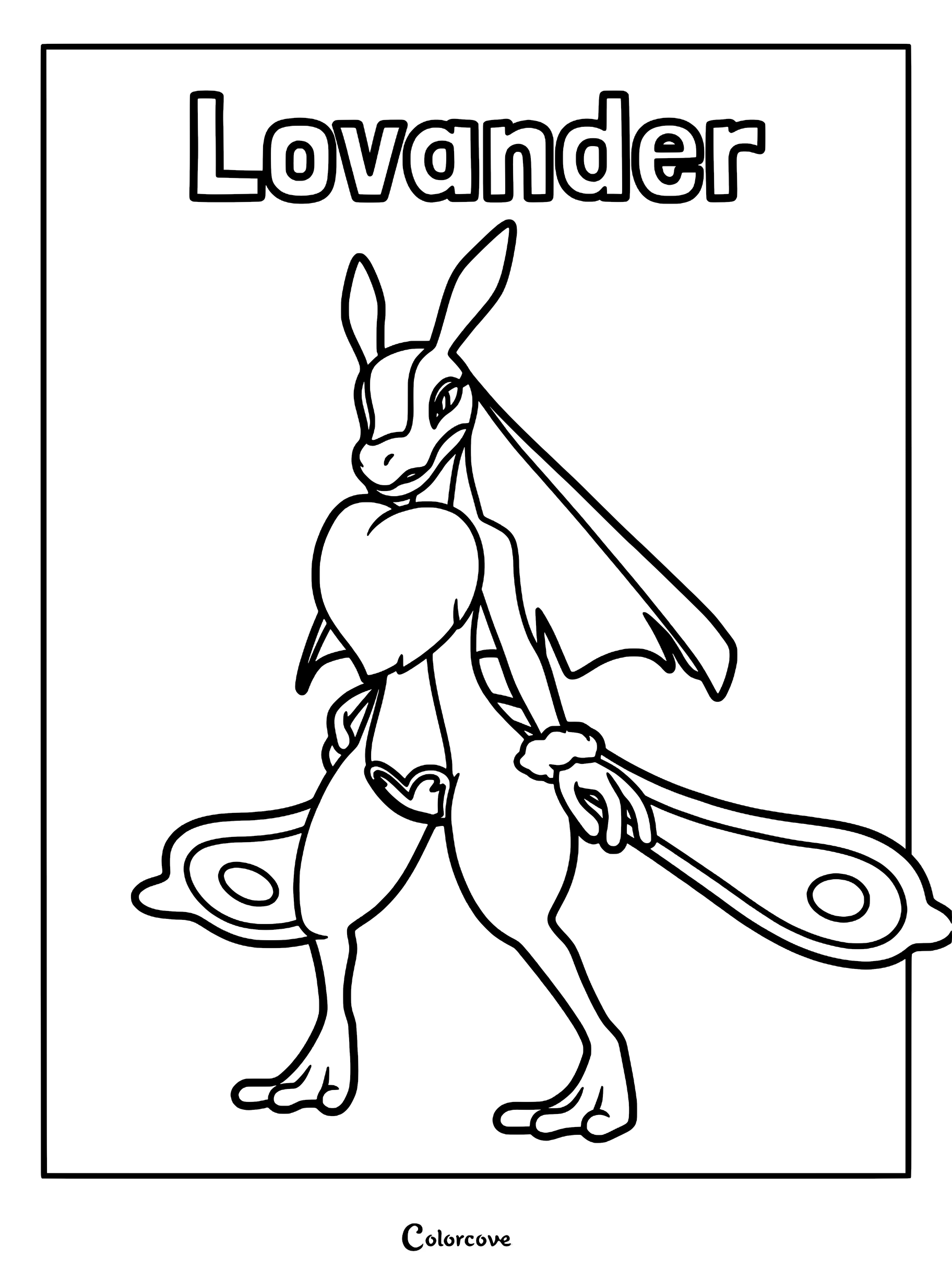 Lovander from Palworld standing in a confident pose, featuring its heart-shaped chest fur and long tail, presented as a printable coloring page.