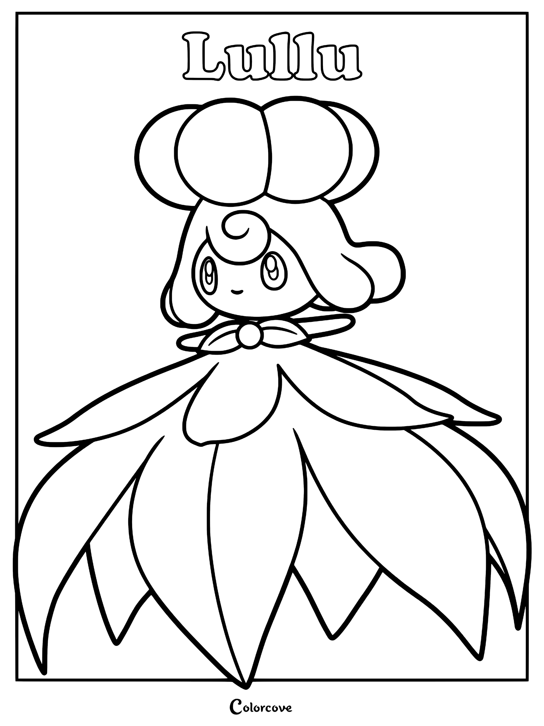 Lullu from Palworld with a flower-shaped head and petal dress, printable line art coloring page.