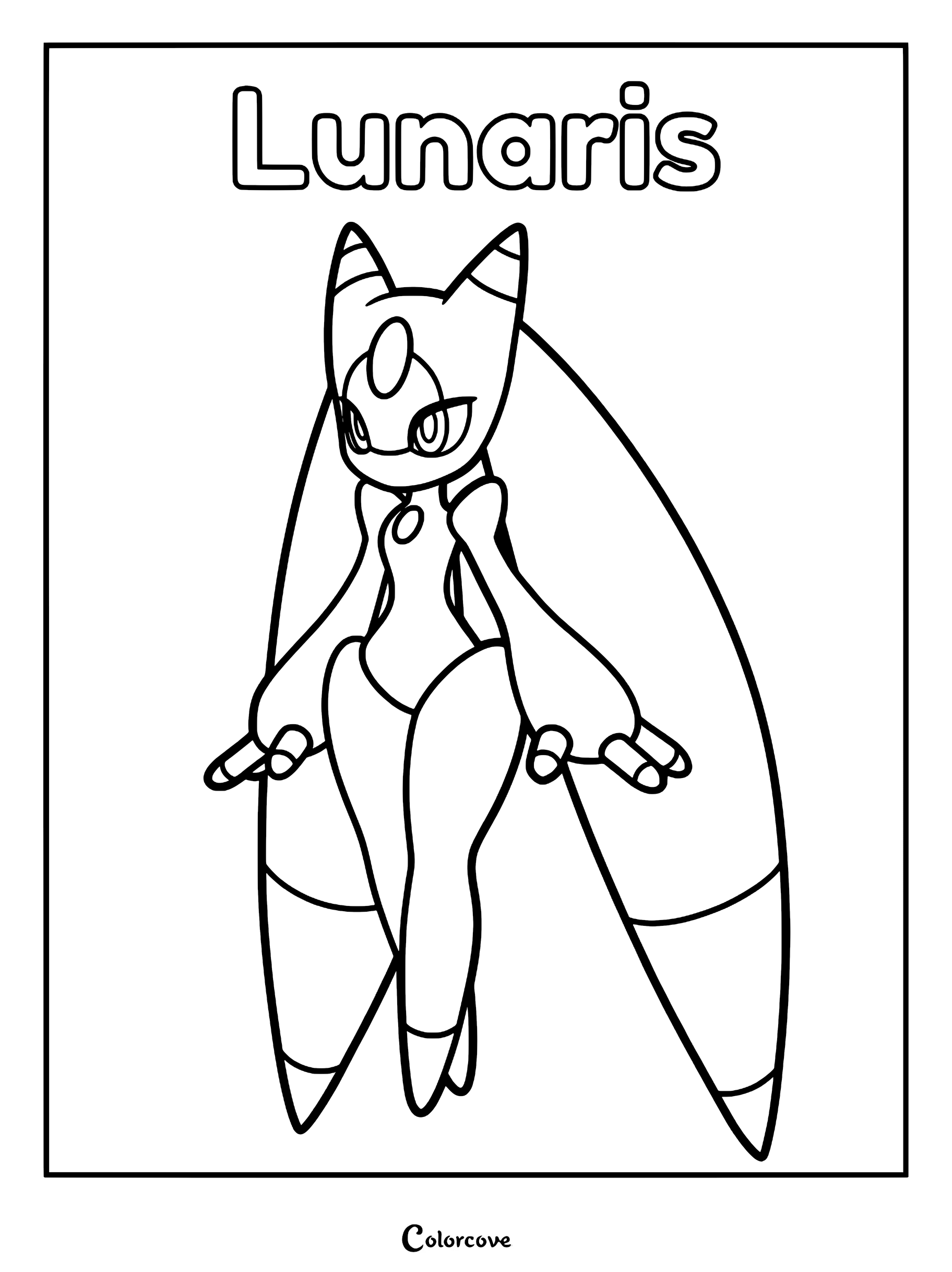 Lunaris from Palworld standing in a graceful pose, featured in a printable line art coloring page.