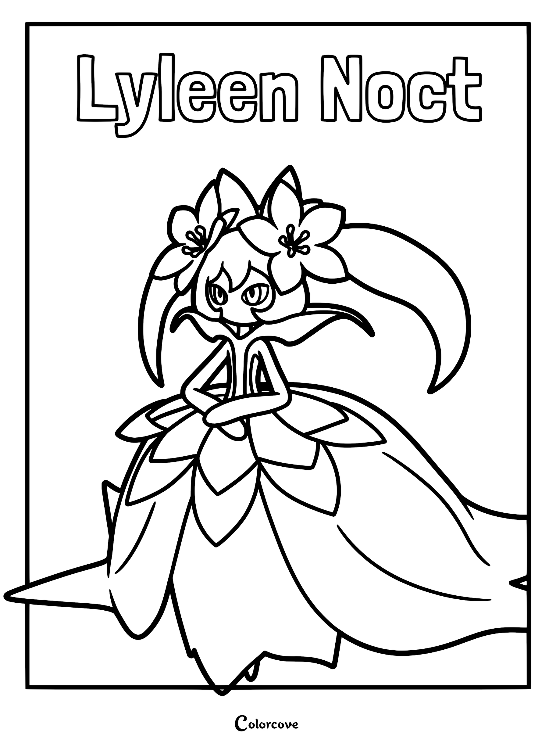 Lyleen Noct Palworld character coloring page with floral headpiece and elegant gown