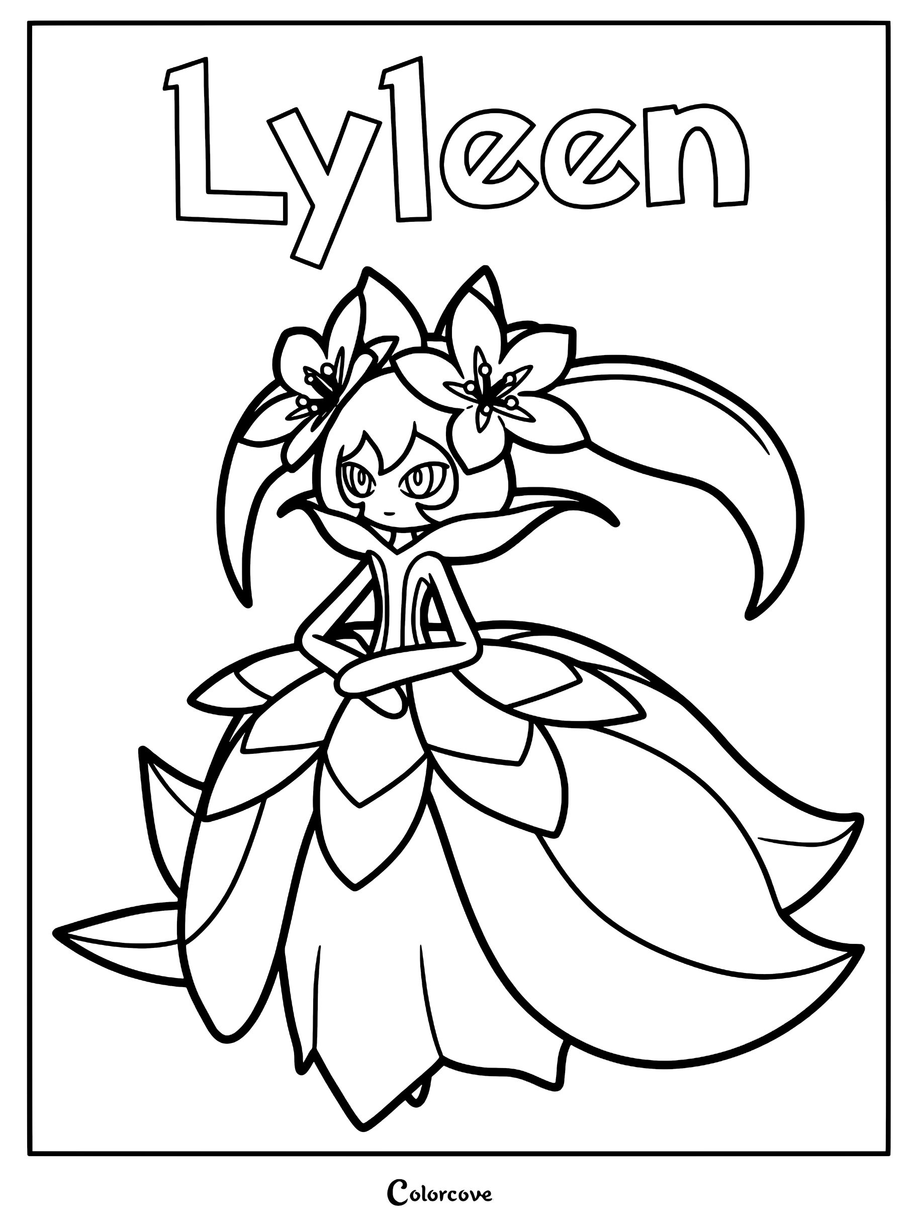 Lyleen from Palworld standing with floral headpieces and a petal dress in a printable coloring page.