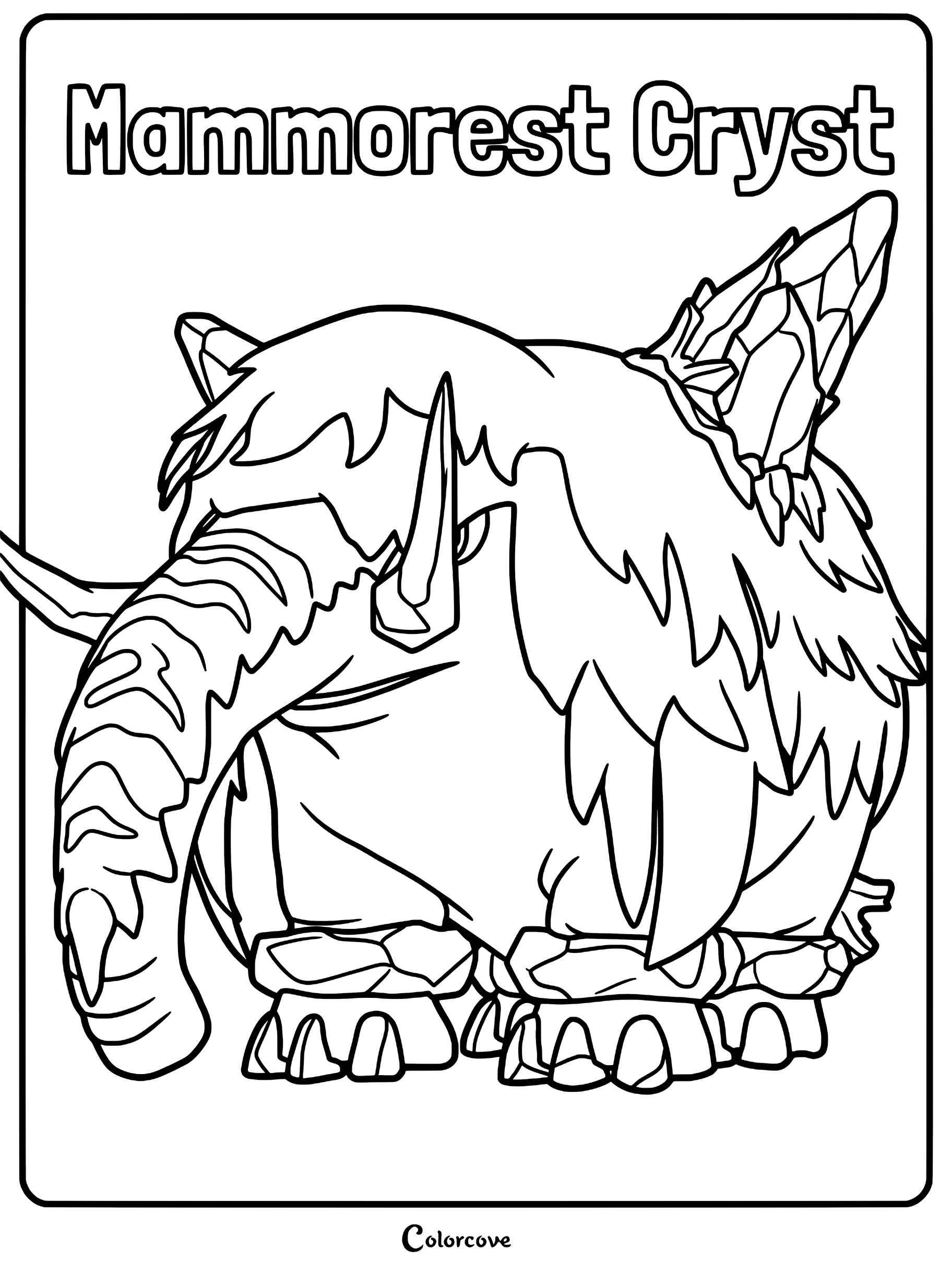 A detailed line art coloring page of the Palworld creature Mammorest Cryst, featuring its icy back crystals and thick fur.