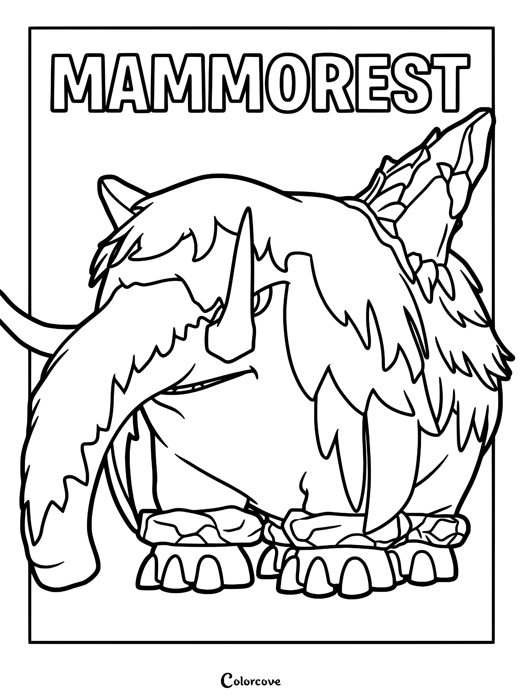 A detailed line art coloring page of the Palworld Pal Mammorest, featuring its massive tusks, thick fur, and rocky back structure.