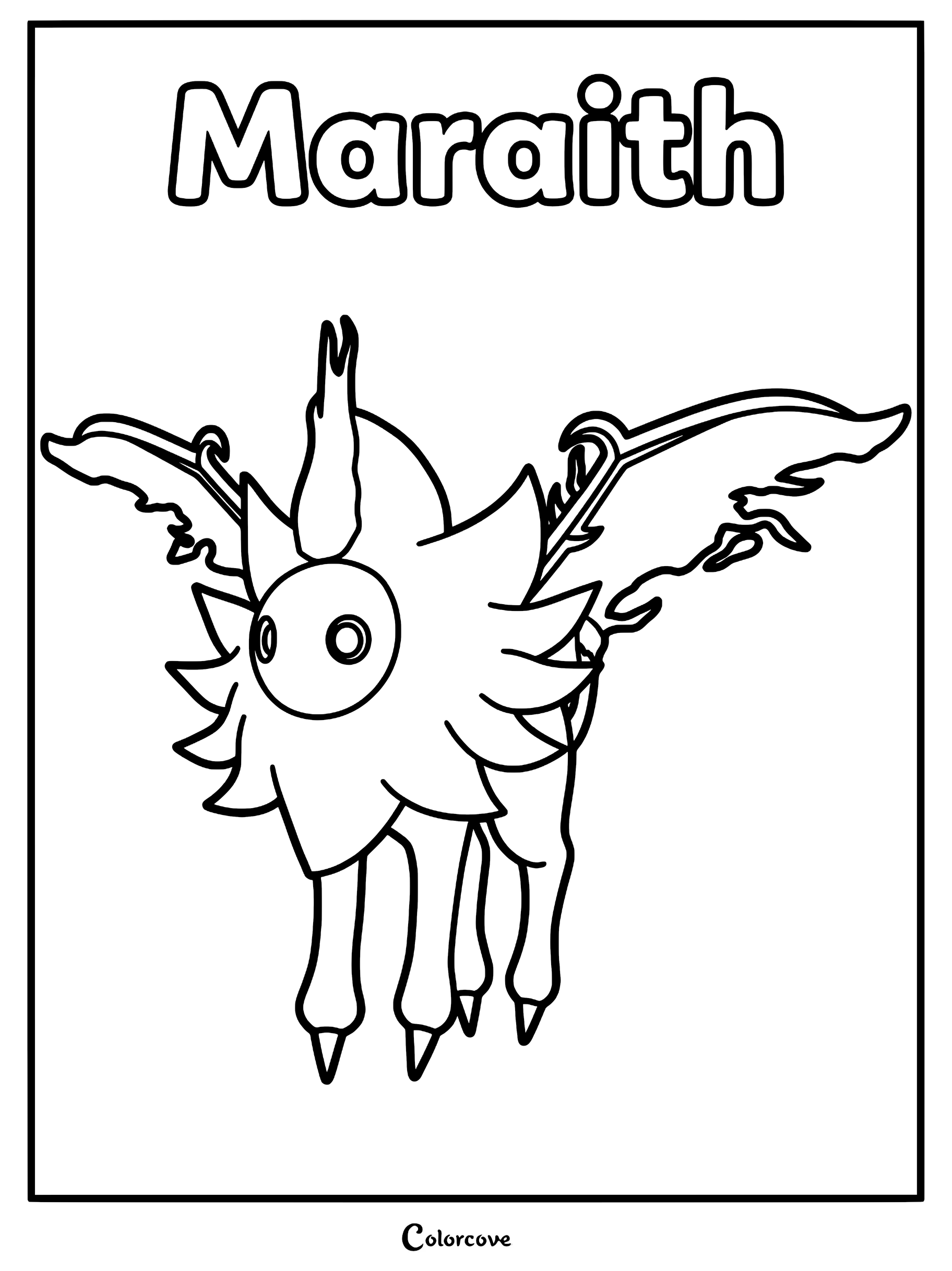 Maraith from Palworld standing with its wings spread in a printable coloring page.