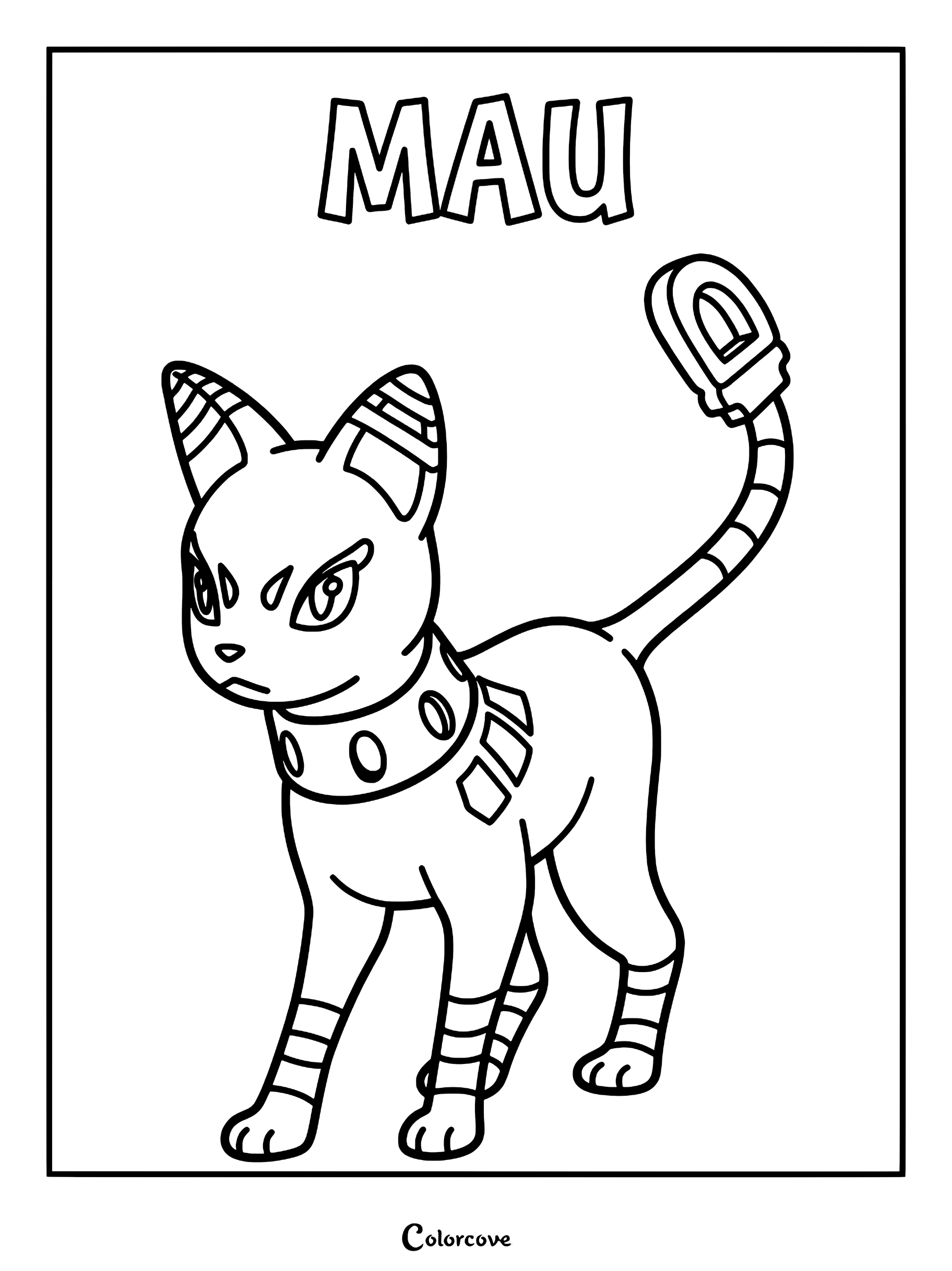 Mau from Palworld standing with a coin-shaped tail tip, wearing a spiked collar, featured on a printable coloring page.