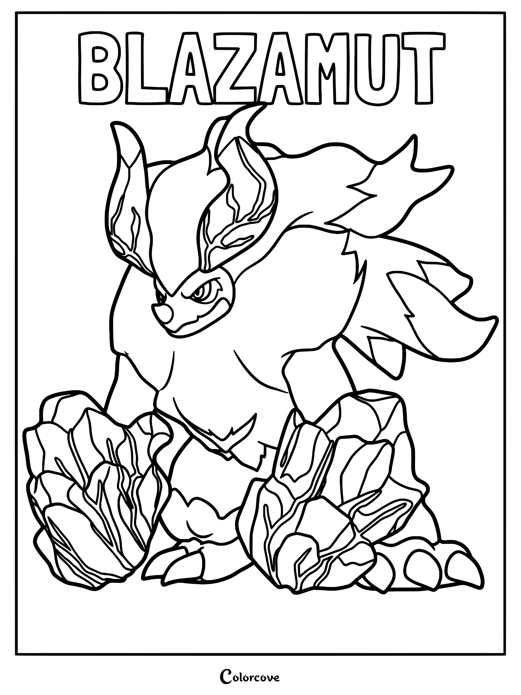 Blazamut from Palworld with rocky hands and fiery mane in a printable coloring page format.