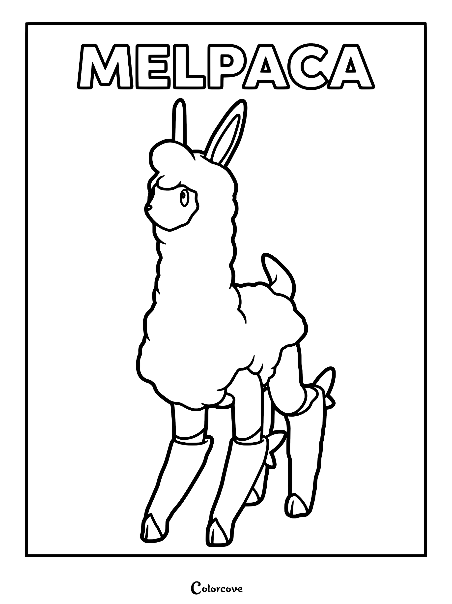 Melpaca from Palworld standing in a simple pose, printable coloring page with bold outlines.