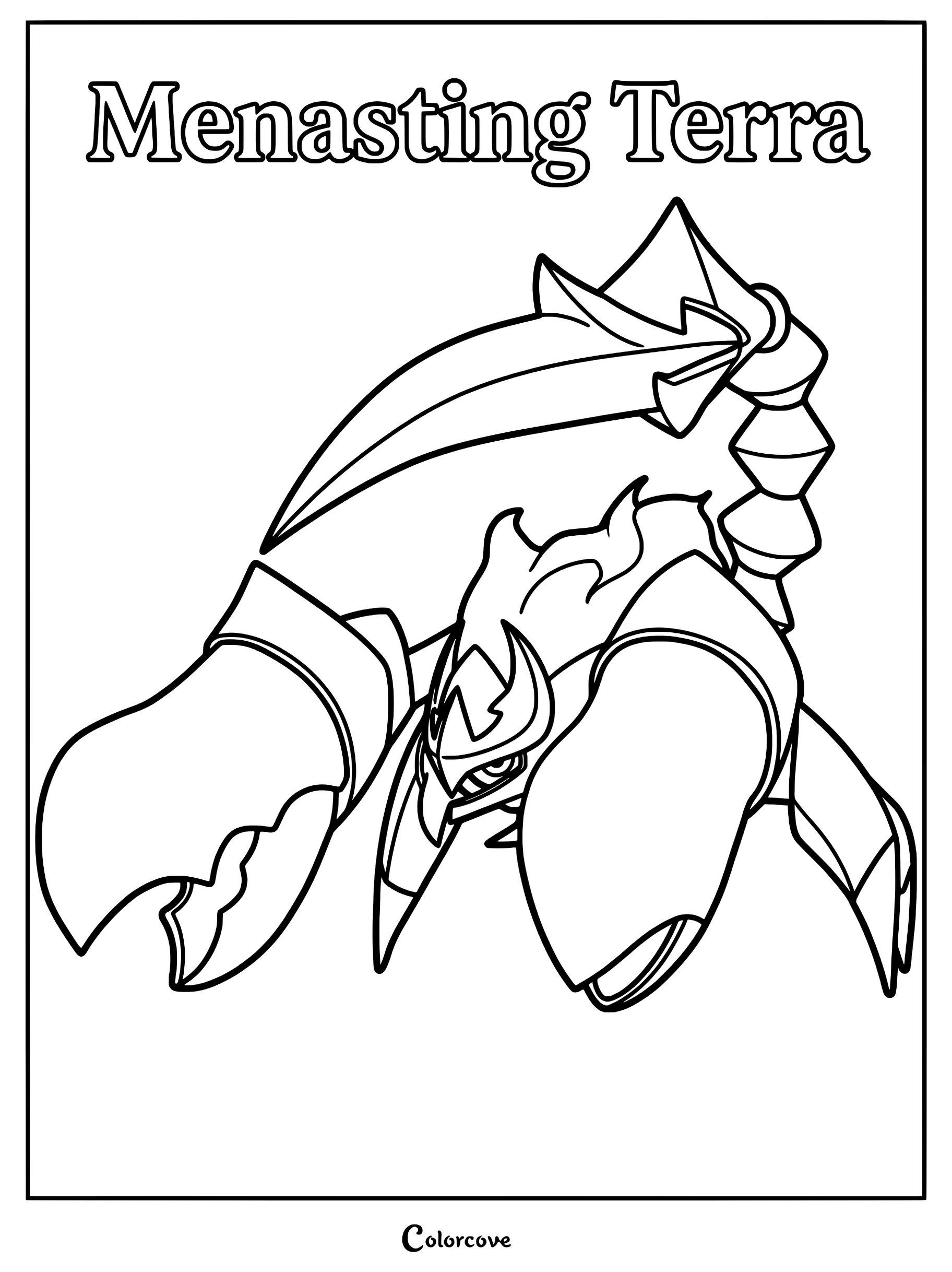 A detailed line art coloring page of the Palworld creature Menasting Terra, featuring its signature scorpion-like claws and segmented tail.