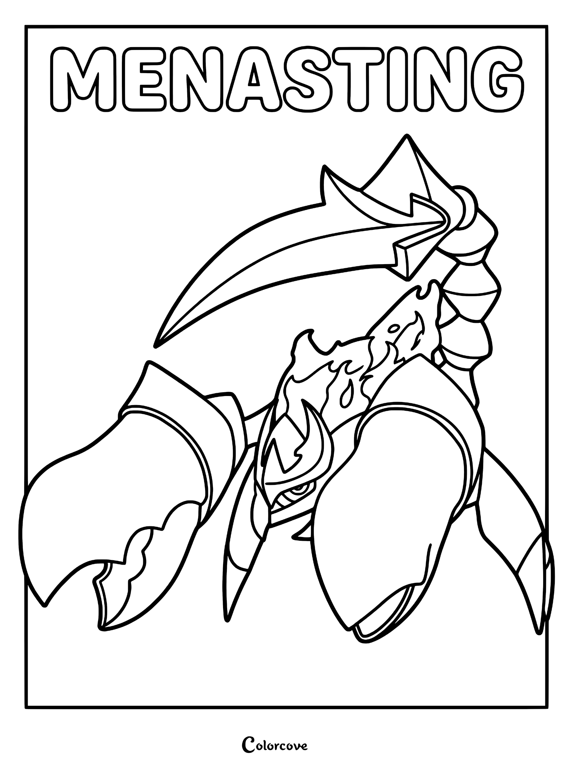 A detailed coloring page of the Palworld Pal Menasting, featuring its large scorpion claws, segmented tail, and sharp stinger.