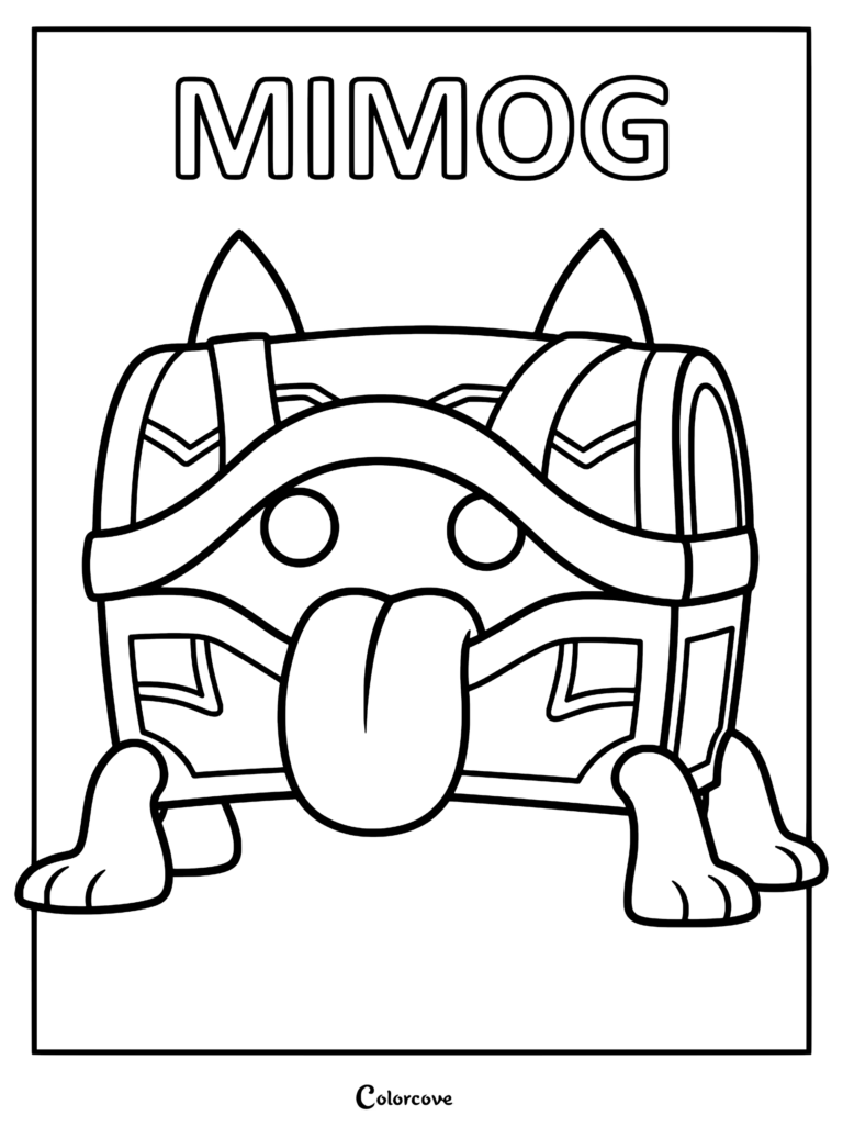 Mimog from Palworld depicted as a treasure chest with a long tongue in this printable coloring page.