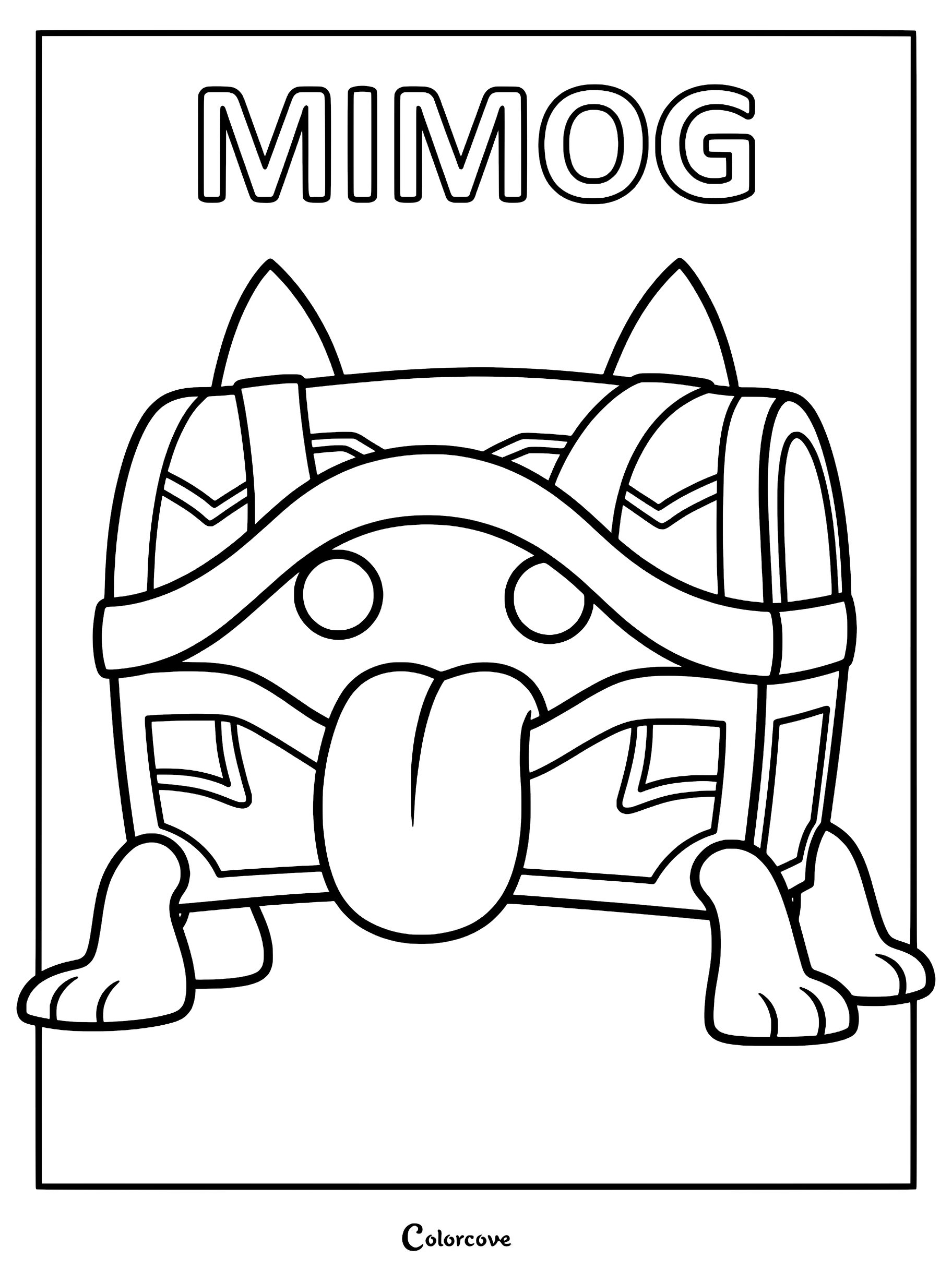 Mimog from Palworld depicted as a treasure chest with a long tongue in this printable coloring page.