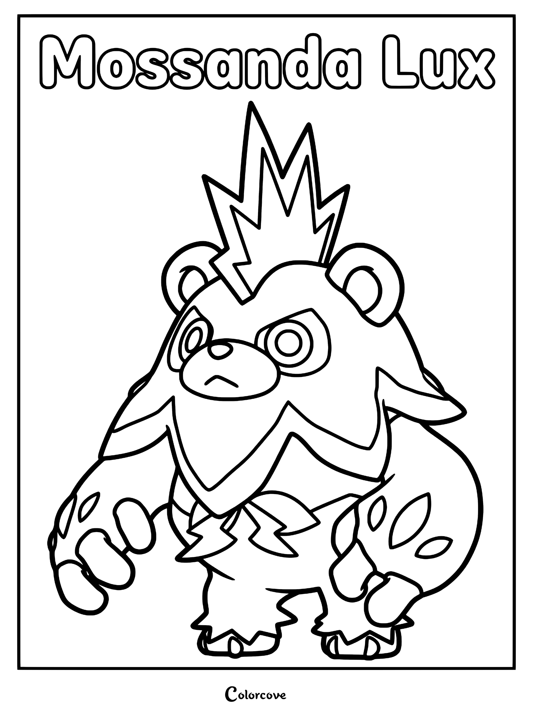 A printable coloring page featuring the Palworld character Mossanda Lux with its signature lightning bolt crest and patterned fur.