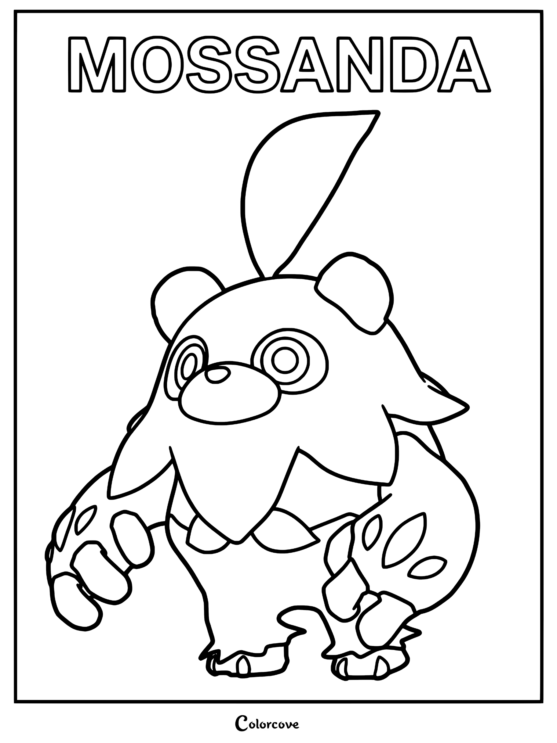 A printable coloring page featuring the Palworld character Mossanda with its signature leaf-like fur and large paws.