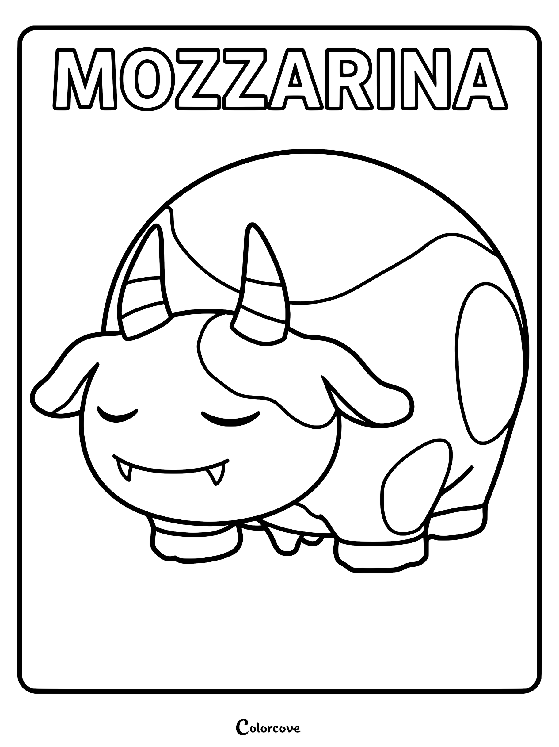 A printable coloring page featuring the Palworld Pal Mozzarina with its signature horns and cow-like spots.