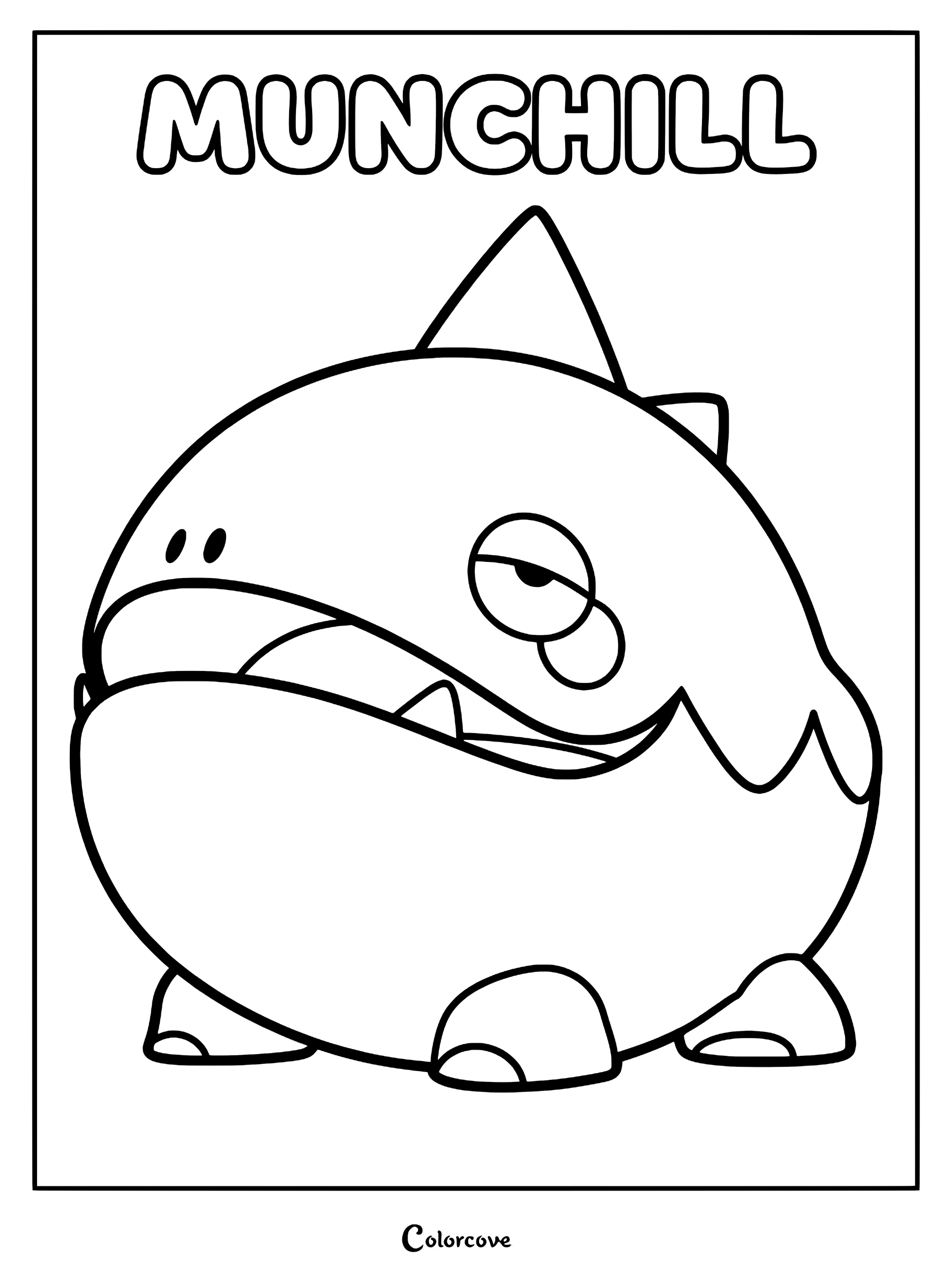 A printable coloring page featuring the round, sleepy-eyed Pal Munchill with its signature shark-like fin and wide, toothy grin.