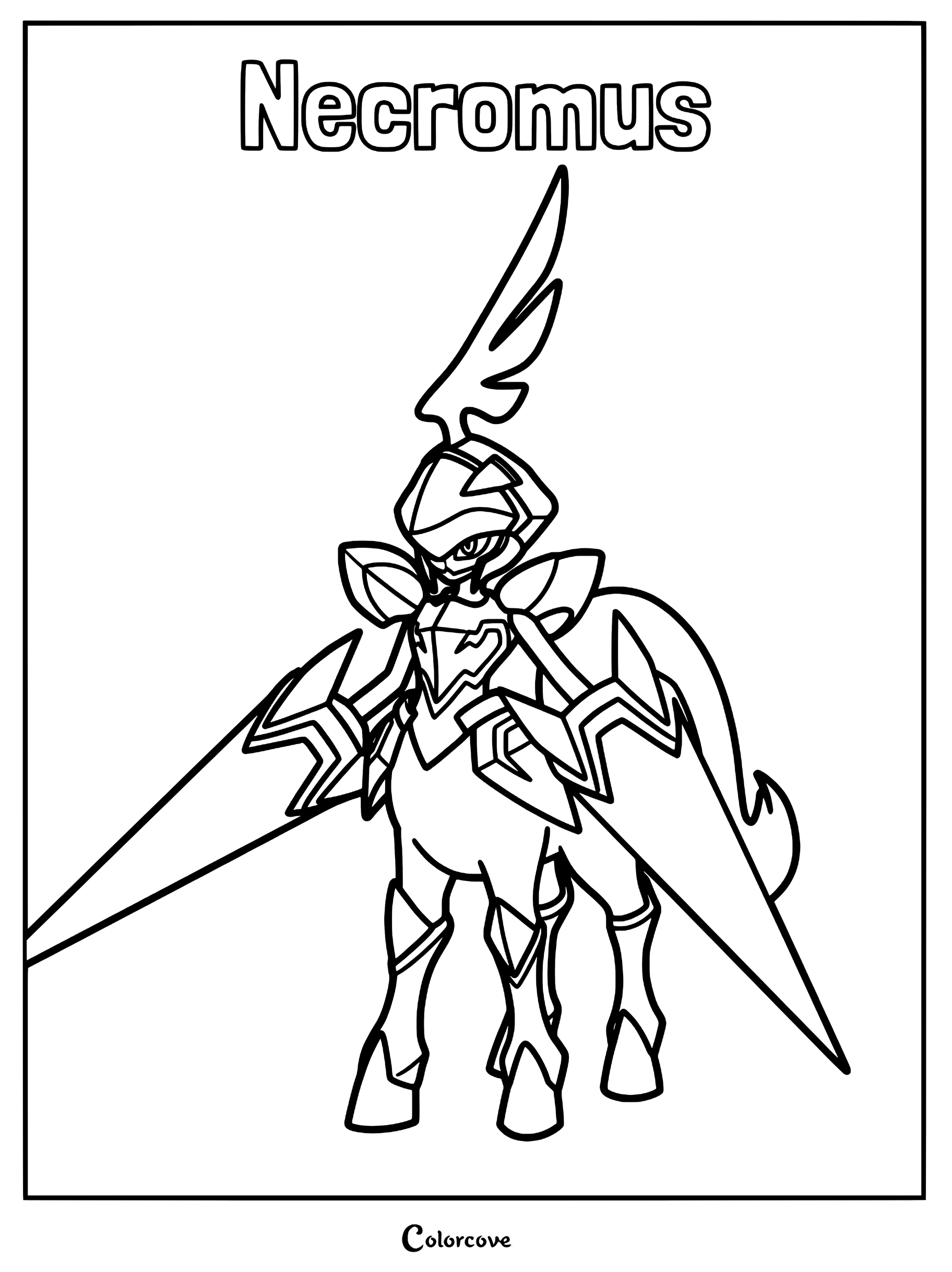 Necromus from Palworld standing in a heroic pose, detailed line art coloring page featuring the legendary Pal with its signature blade-like arms and helmet crest.