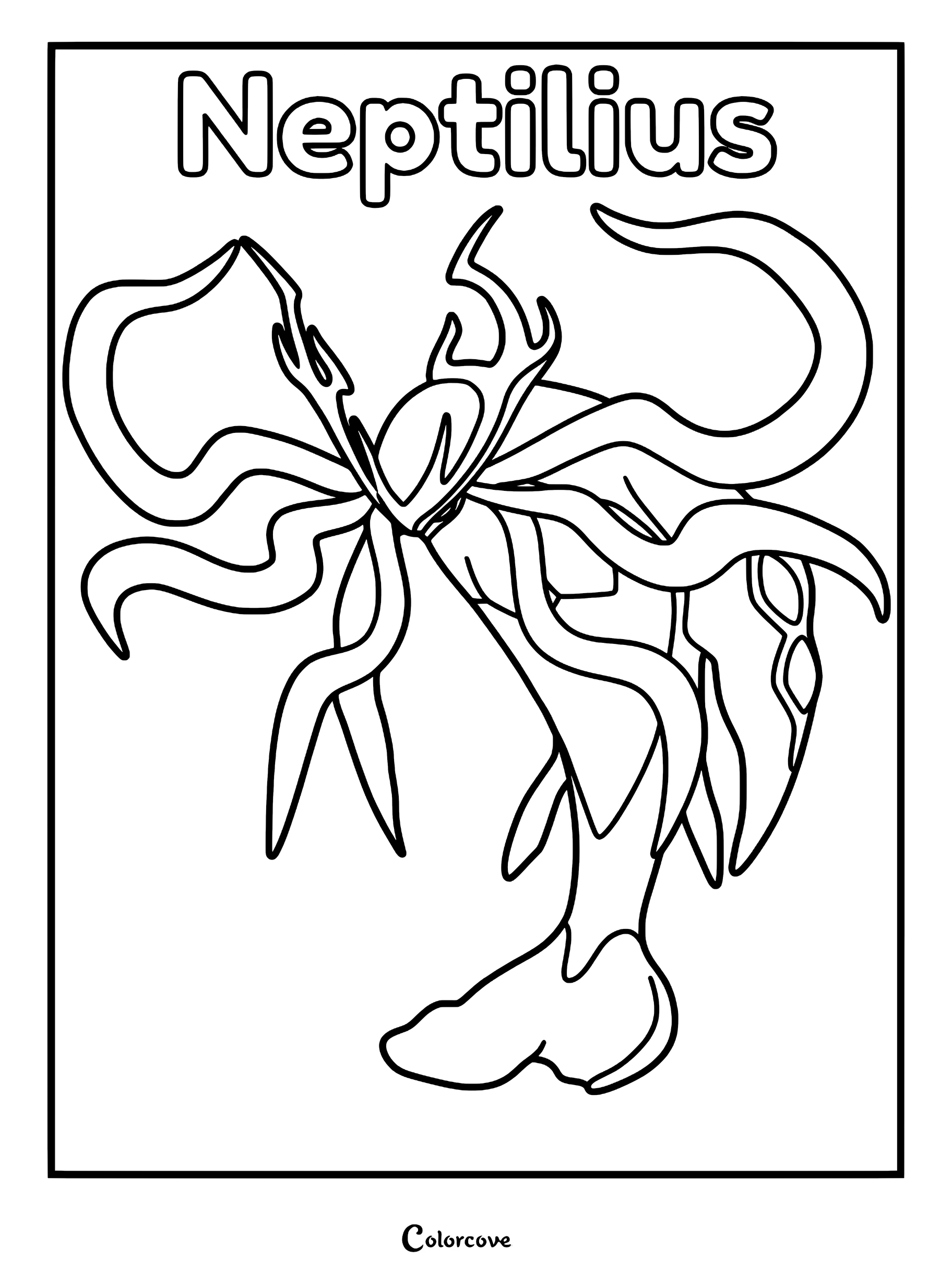 Neptilius from Palworld with long flowing tentacles and a sleek aquatic body in a printable coloring page format.