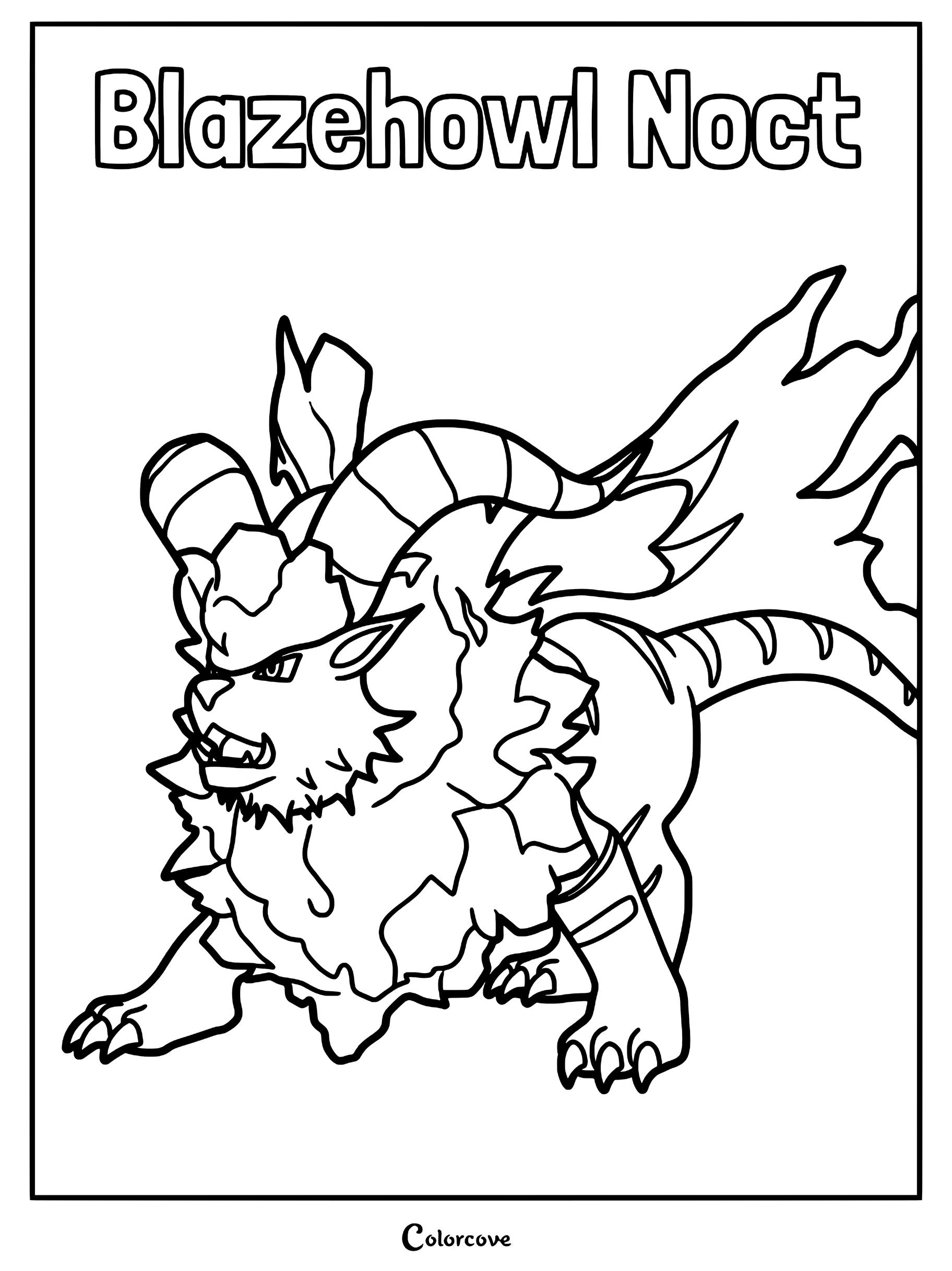 A detailed coloring page of the Palworld creature Blazehowl Noct, featuring its signature horns, flowing mane, and striped tail in a dynamic stance.