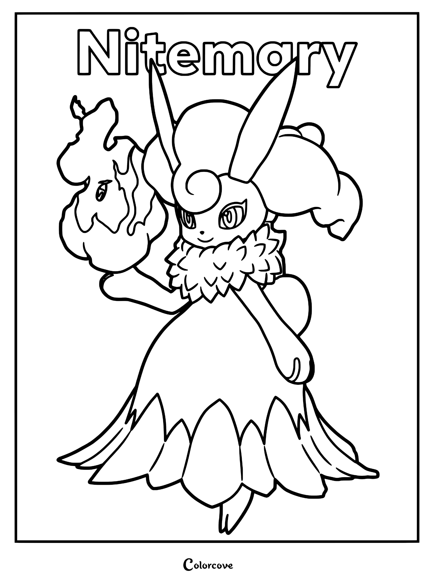Nitemary from Palworld holding a magical flame in this printable coloring page.