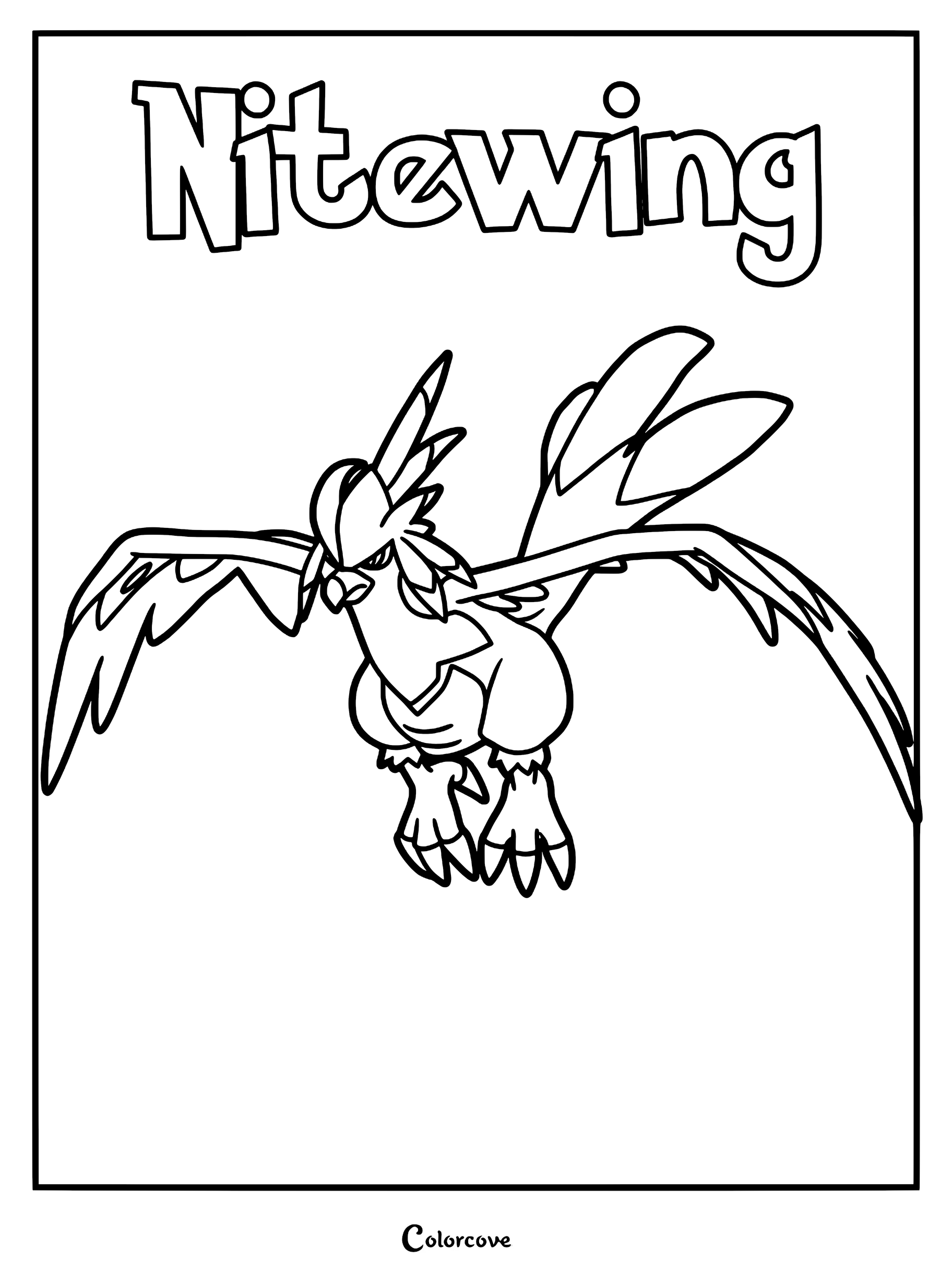 Nitewing from Palworld soaring with wings spread wide in a printable coloring page.