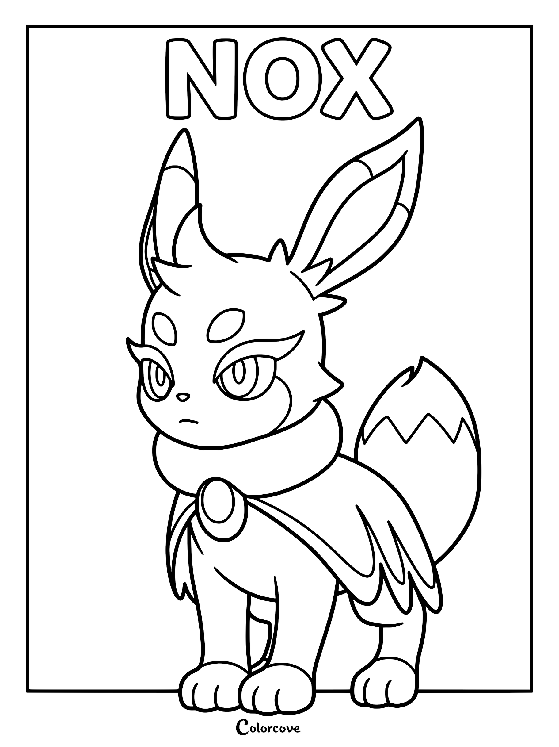 Nox from Palworld standing in a simple pose, featured on a printable coloring page with the name Nox written at the top.