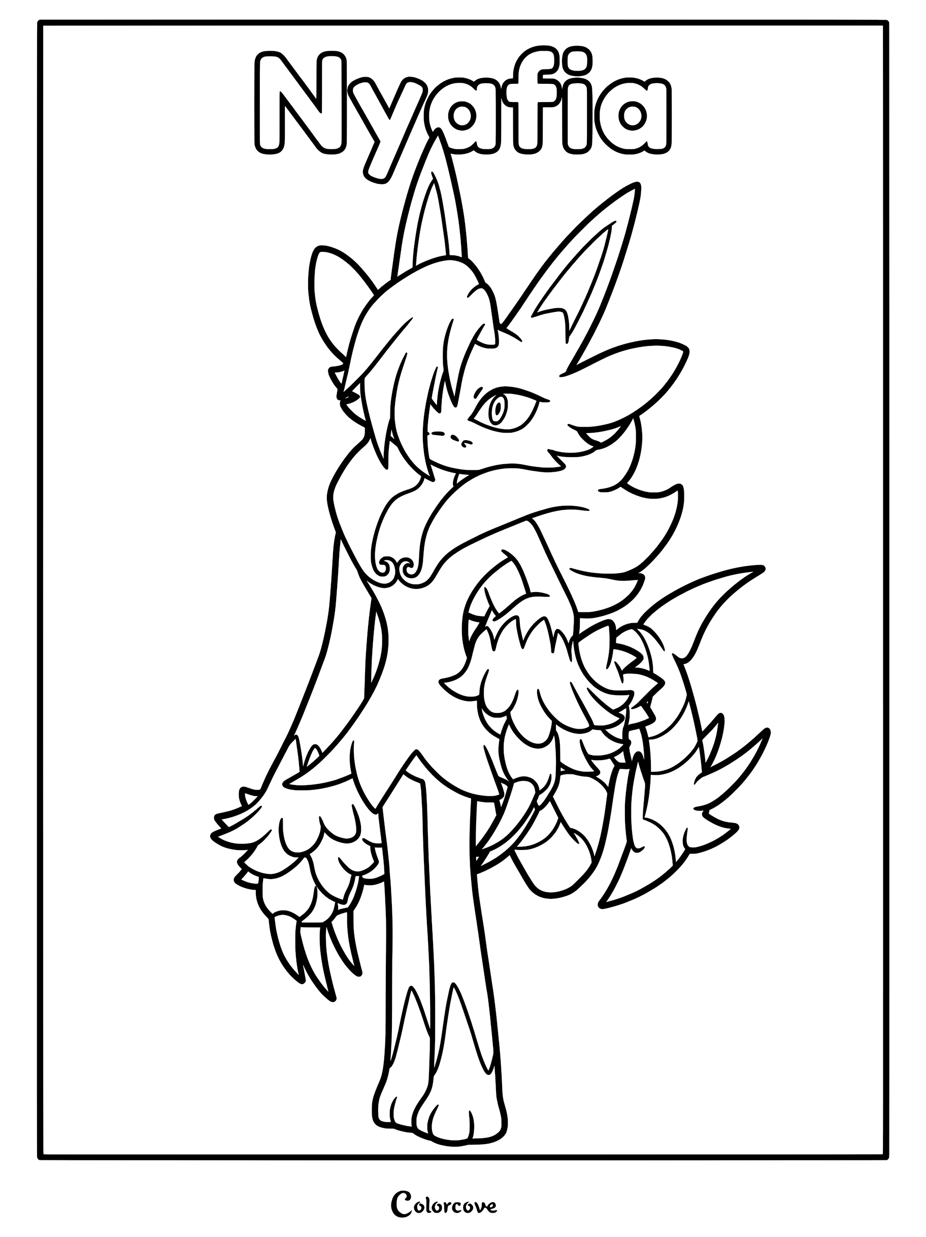 A detailed line art coloring page of the Palworld character Nyafia, featuring its signature long ears, flowing hair, and sharp claws.
