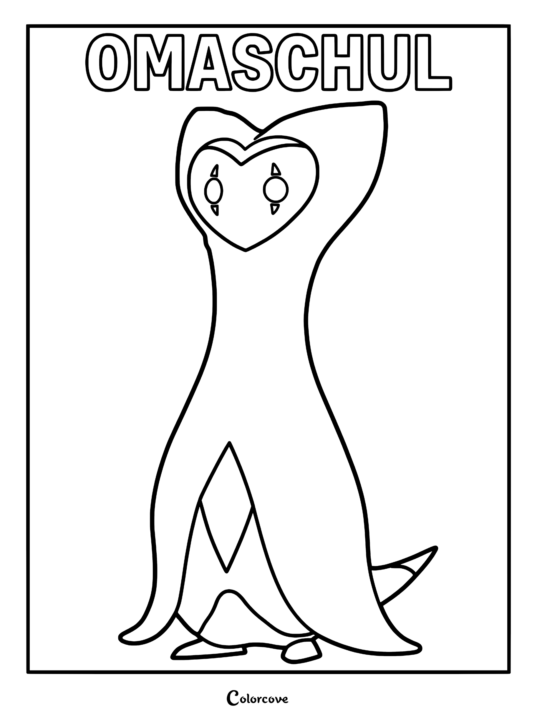 Omaschul from Palworld standing in a simple pose, featuring its distinct heart-shaped head and long flowing body, presented as a clean line art coloring page.