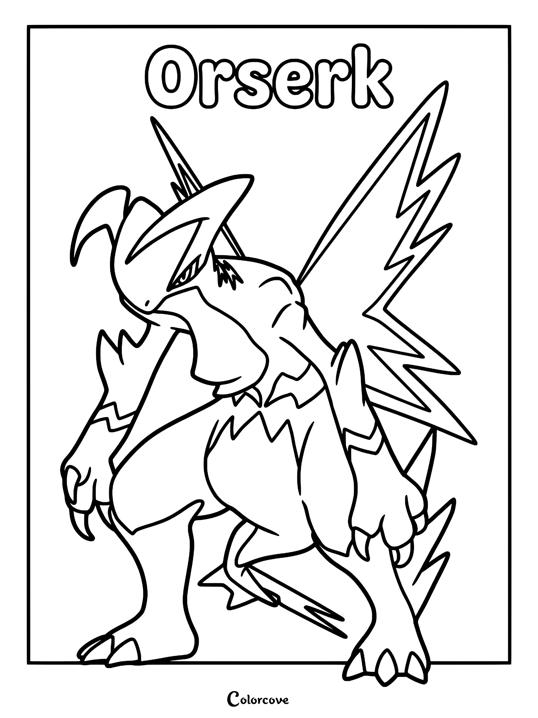 Orserk from Palworld standing in a dynamic pose, featuring sharp lightning-bolt wings and detailed claws on this printable coloring page.