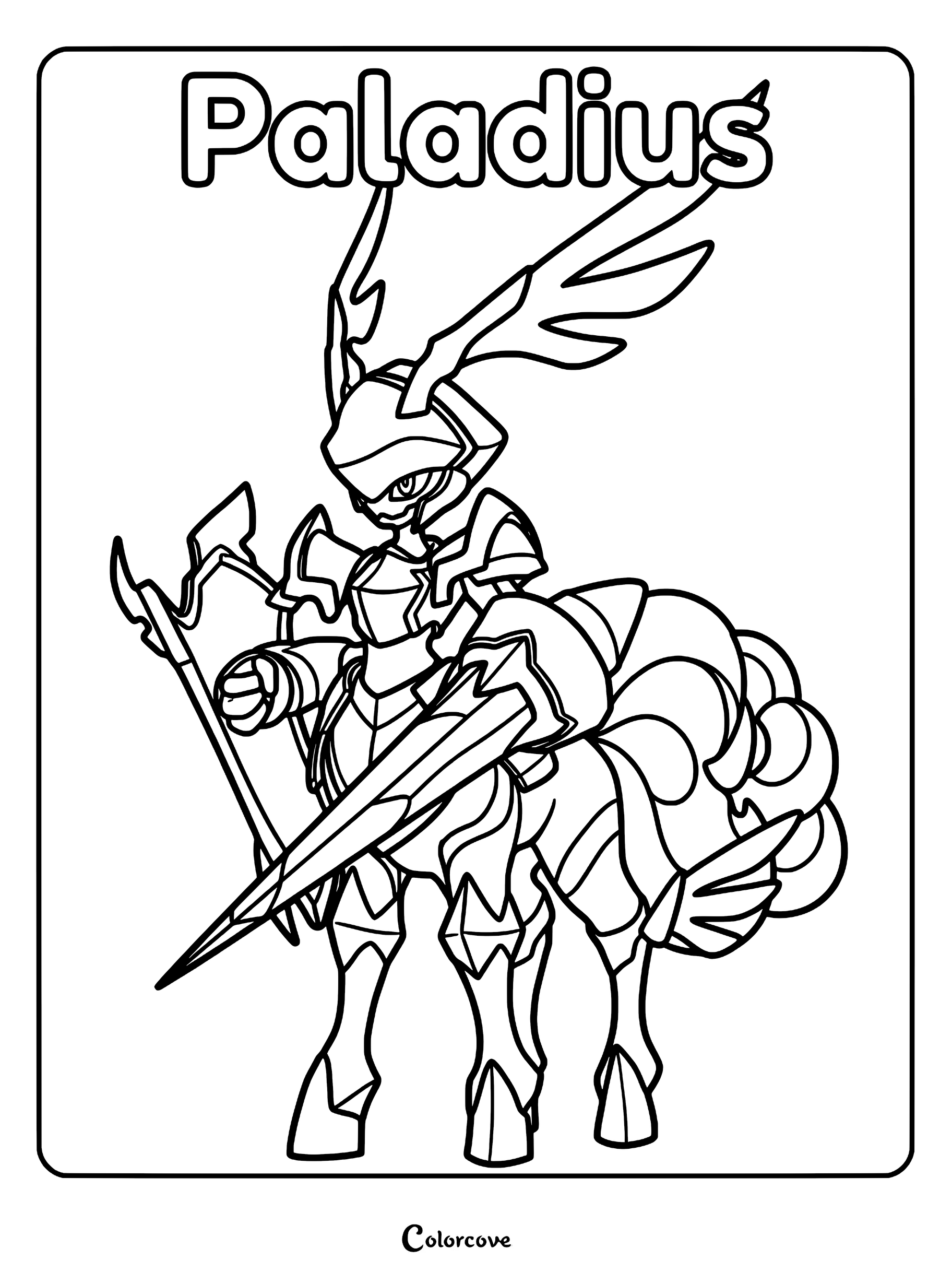Paladius from Palworld standing in a knightly pose, featured on a printable coloring page with clear line art.