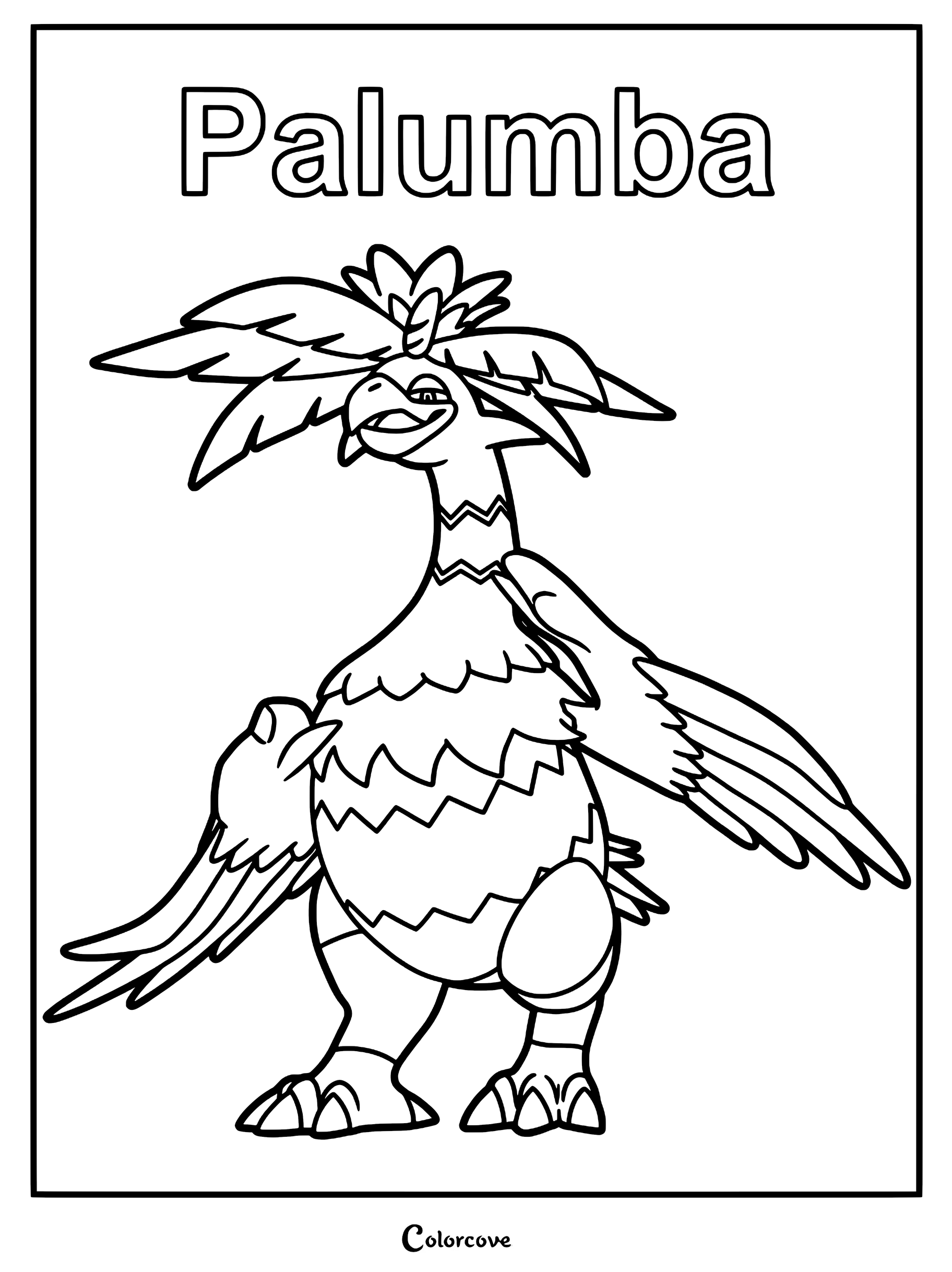 A printable Palumba coloring page featuring the palm-tree-inspired Pal standing with its wings spread and leafy crest.