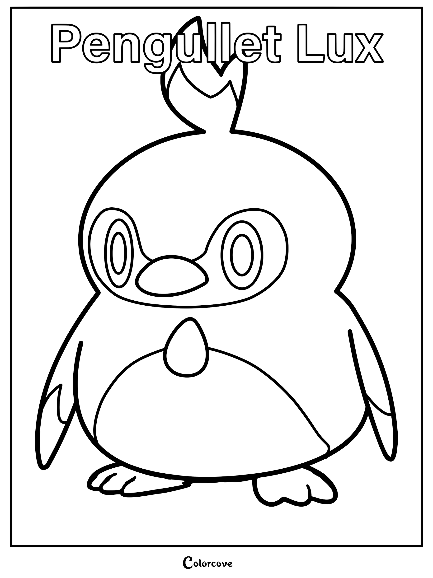 A printable coloring page featuring the Palworld character Pengullet Lux with its distinct head crest and round body.