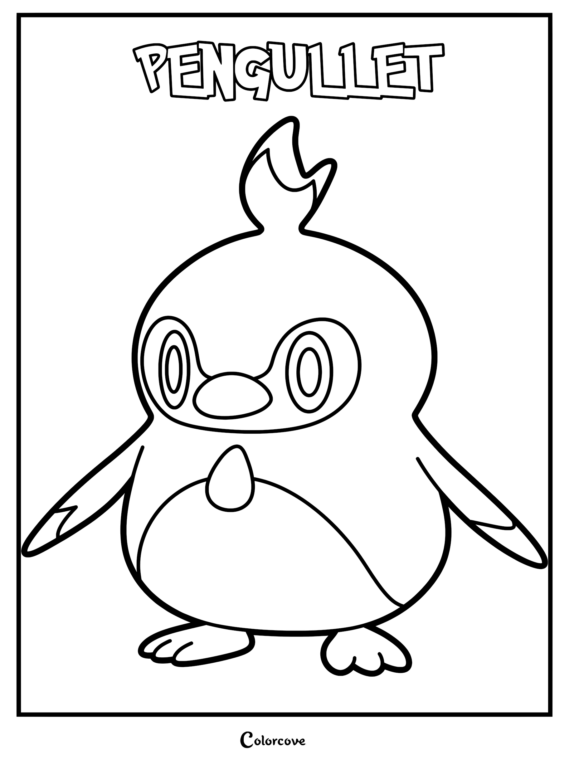 Pengullet from Palworld standing in a simple pose, line art coloring page with bold outlines.