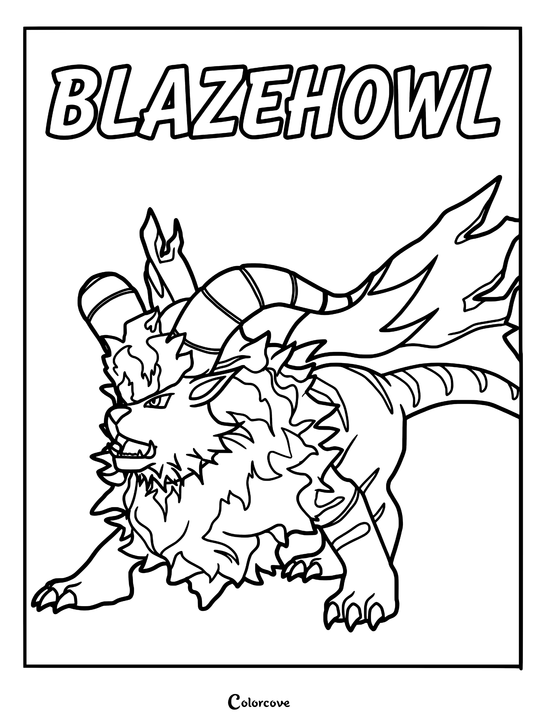 Blazehowl from Palworld standing in a fierce pose, featuring large horns and a flaming mane, presented as a printable line art coloring page.