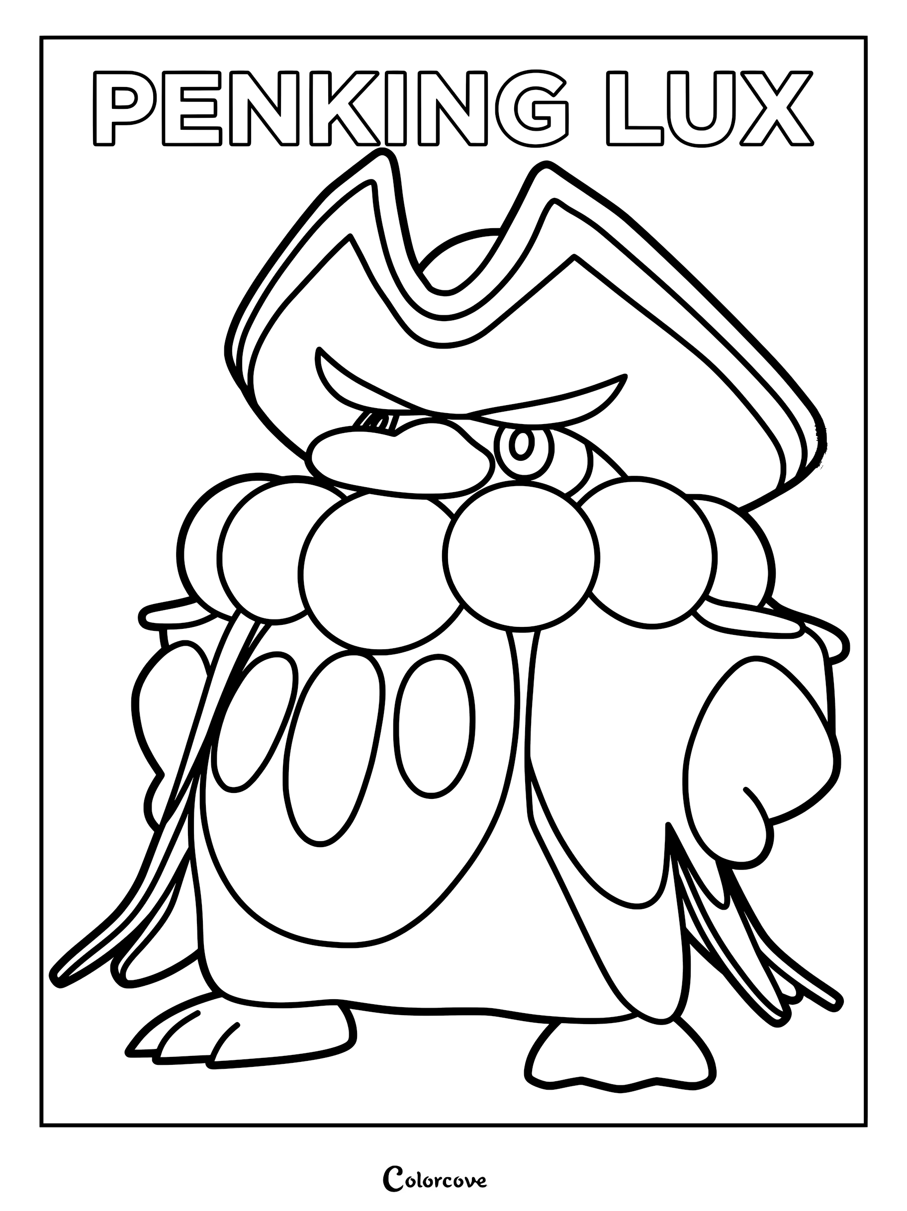 A detailed line art coloring page of the Palworld character Penking Lux, featuring his signature pirate-style hat and round collar.