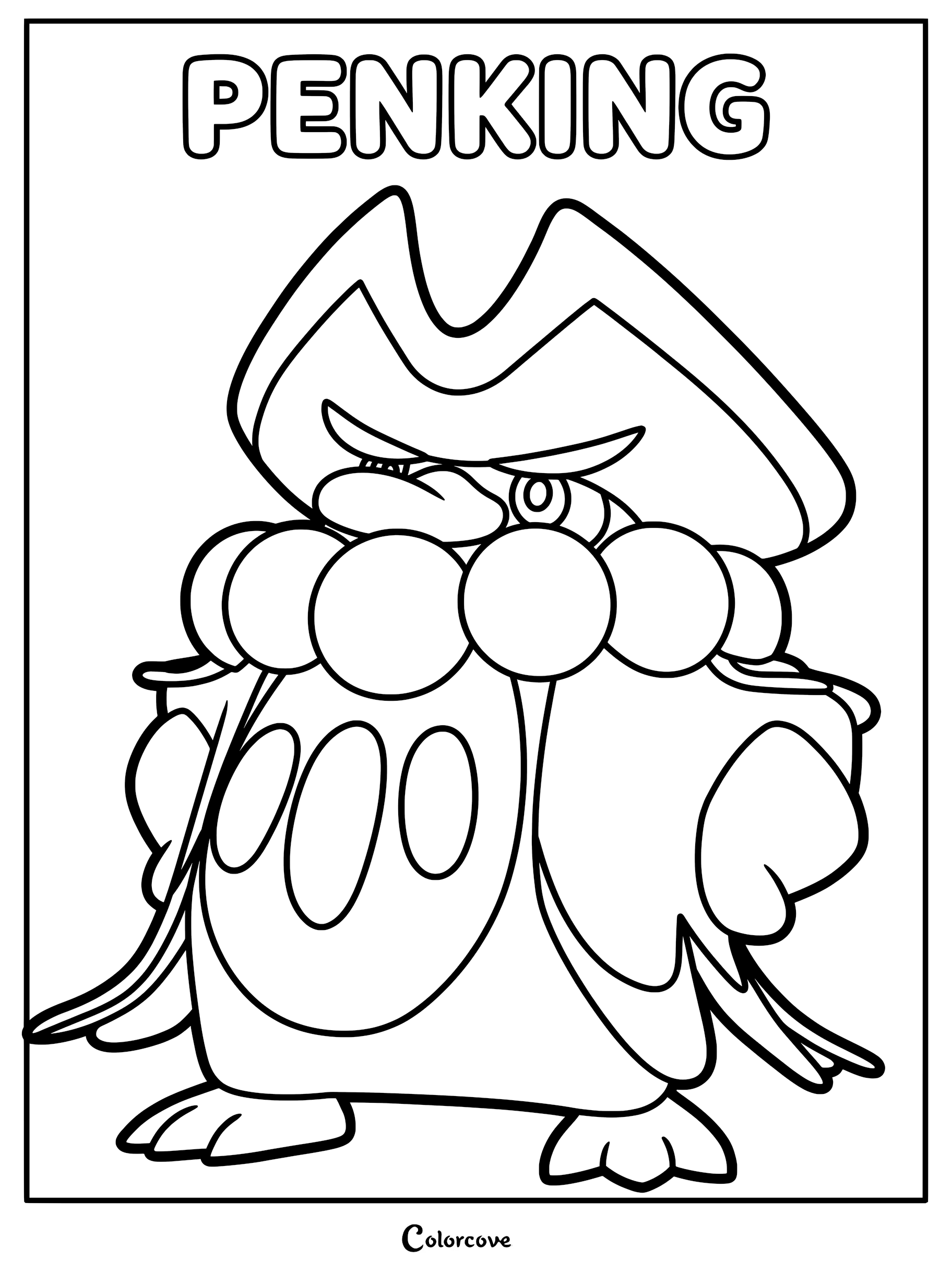 Penking from Palworld wearing a large pirate-style hat and a necklace of spheres in a printable coloring page.