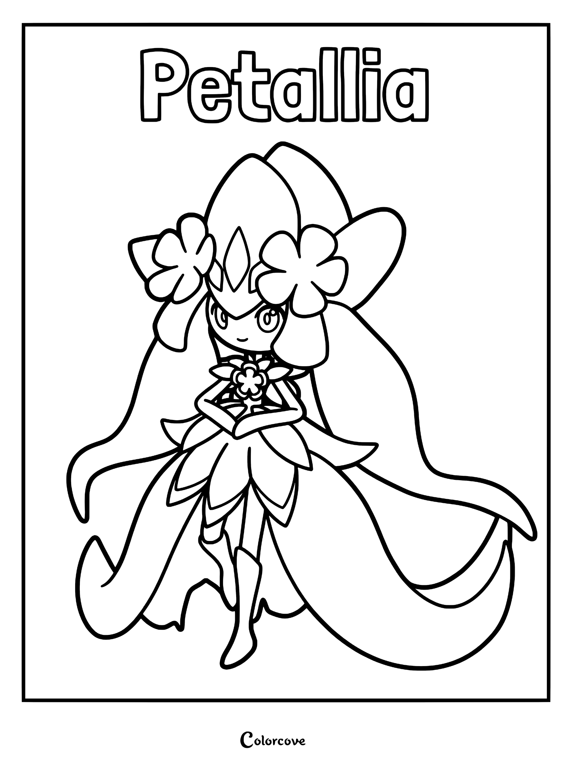 Petallia from Palworld standing with floral headpiece and long flowing hair in a printable coloring page.