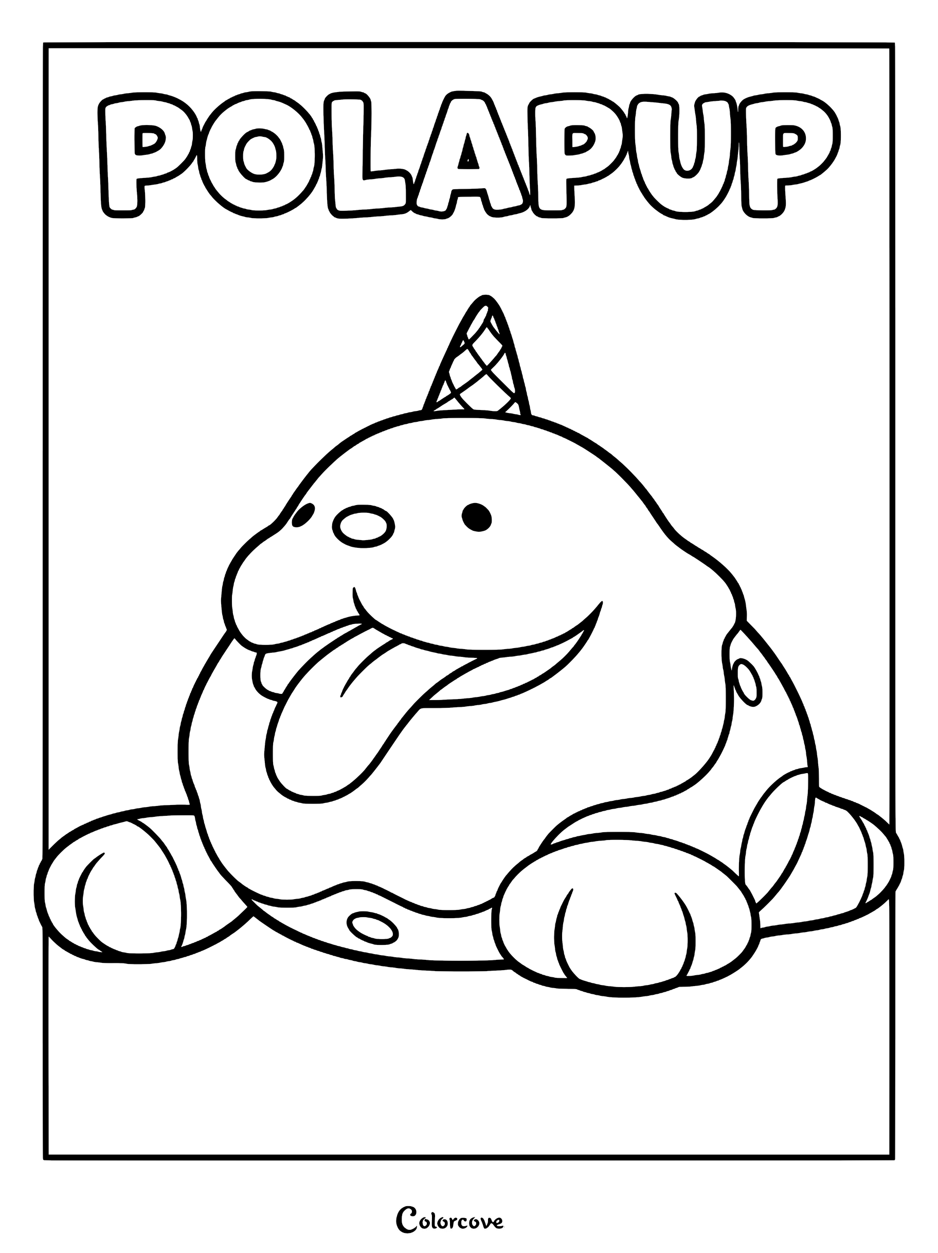 Polapup from Palworld with an ice cream cone hat, shown in a simple line art coloring page style.