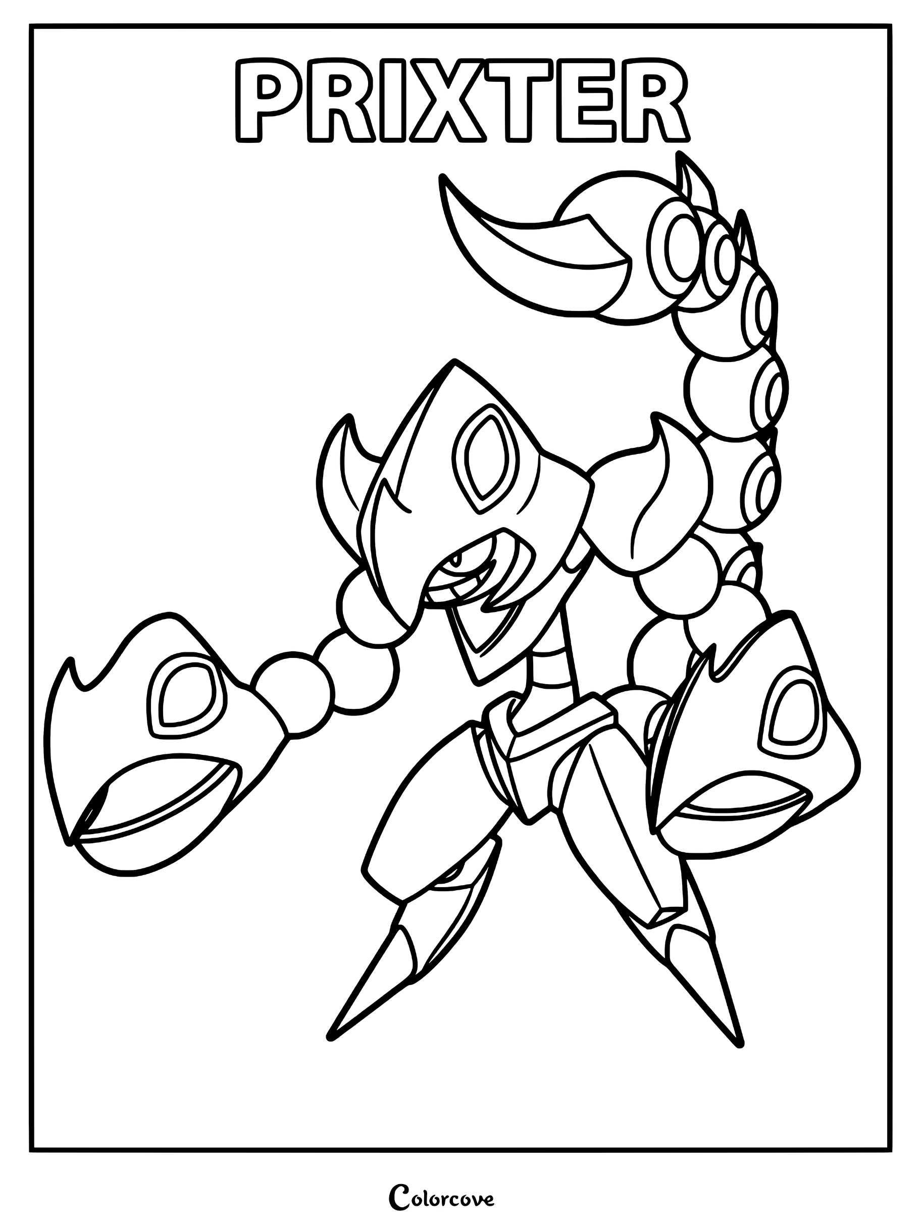 Prixter from Palworld standing with large claws and a scorpion tail in this printable coloring page.