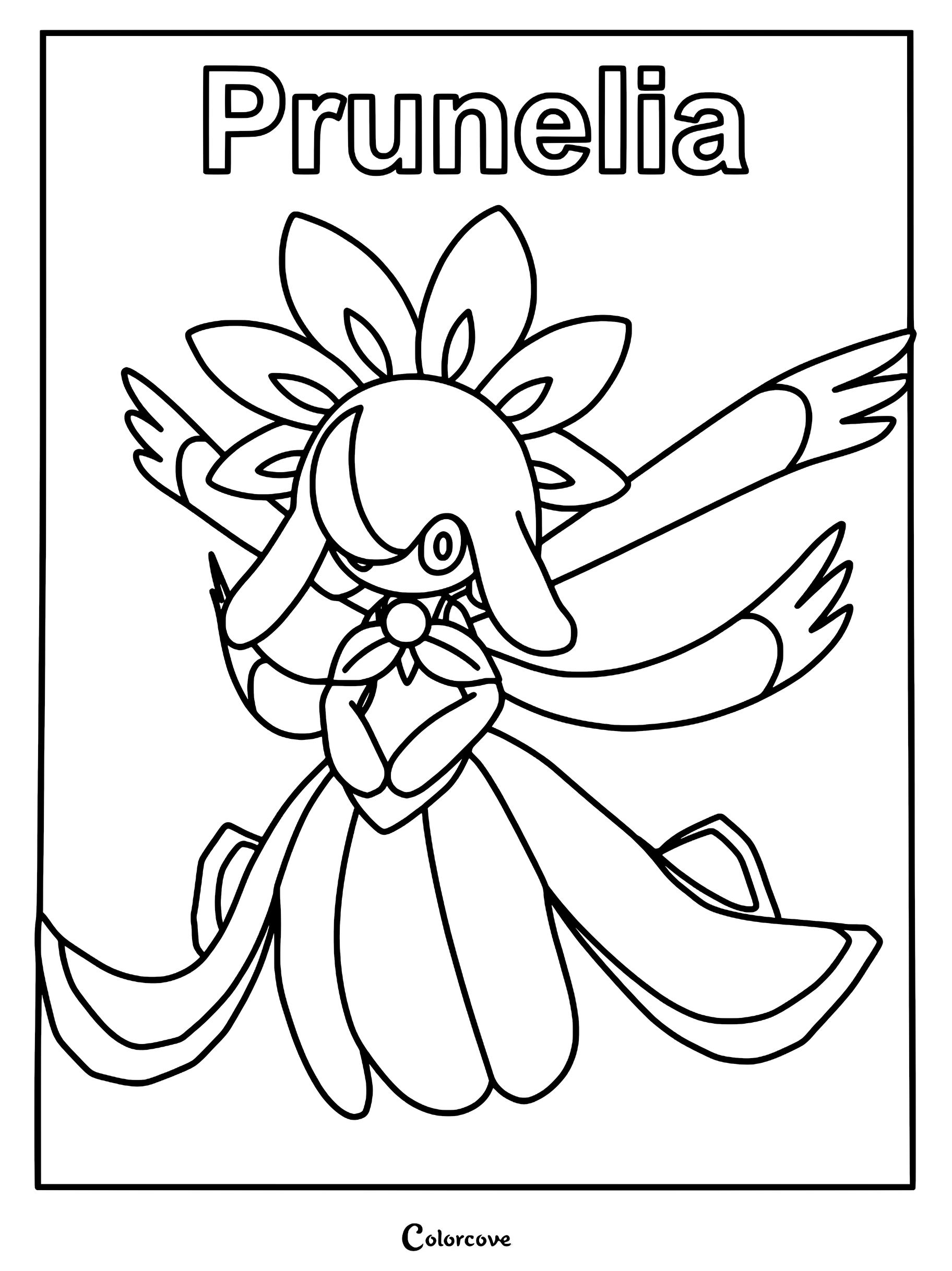 A detailed line art coloring page of the Palworld character Prunelia, featuring her flower-like headpiece and flowing gown.