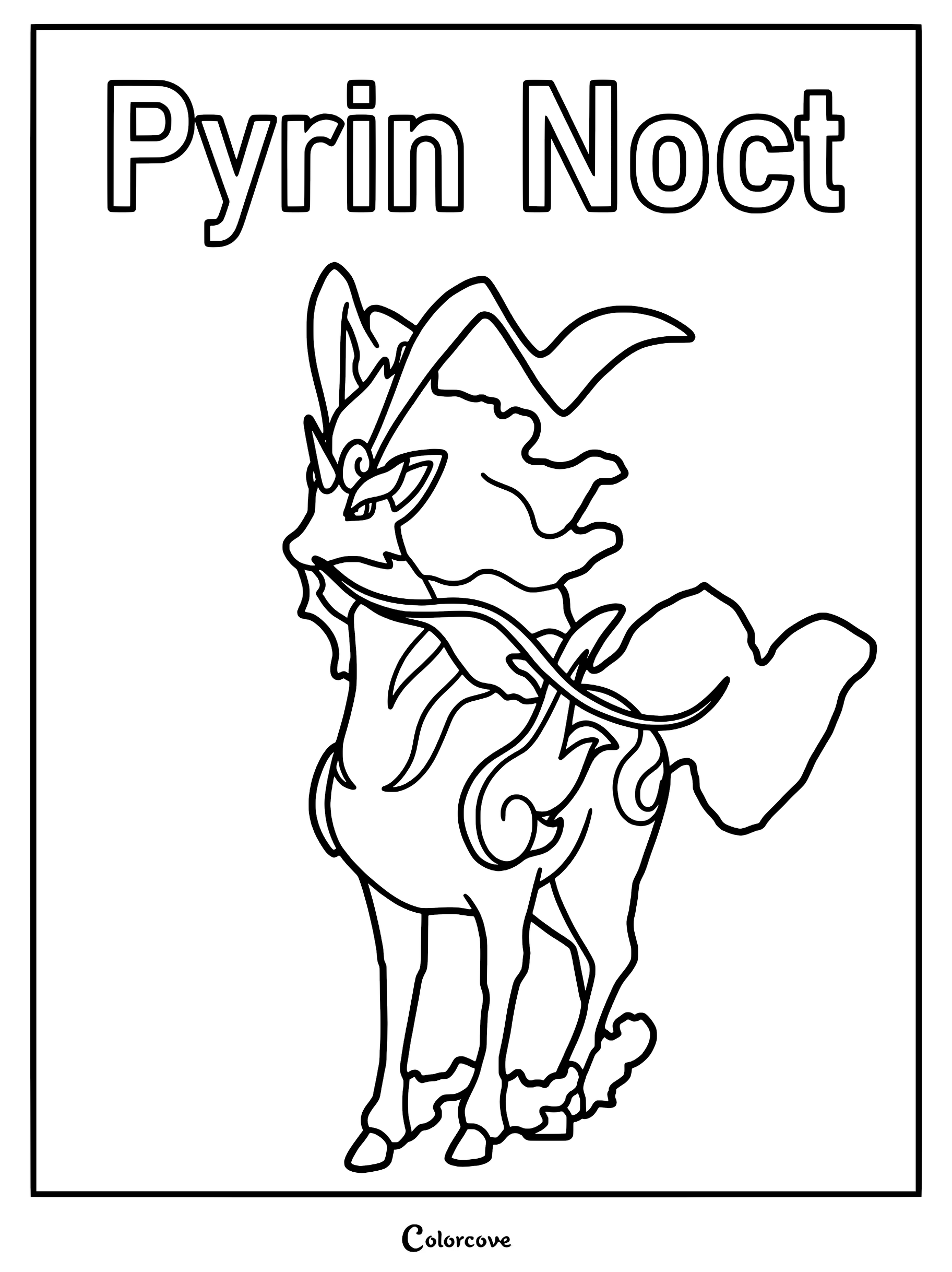 A detailed line art coloring page of the Palworld creature Pyrin Noct standing in a proud pose.