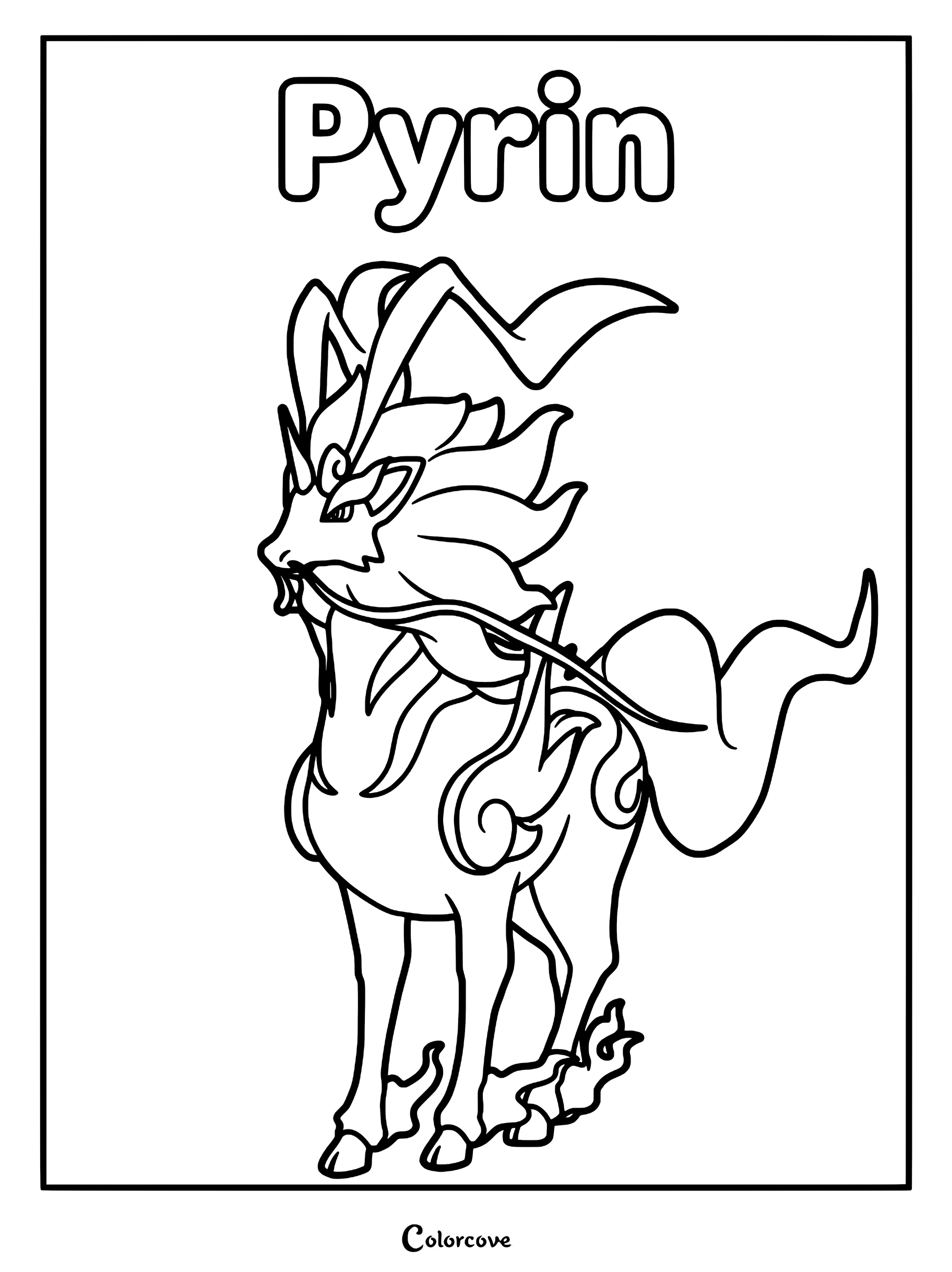 A detailed line art coloring page of the Palworld creature Pyrin, featuring its majestic flame-like mane and flowing tail.