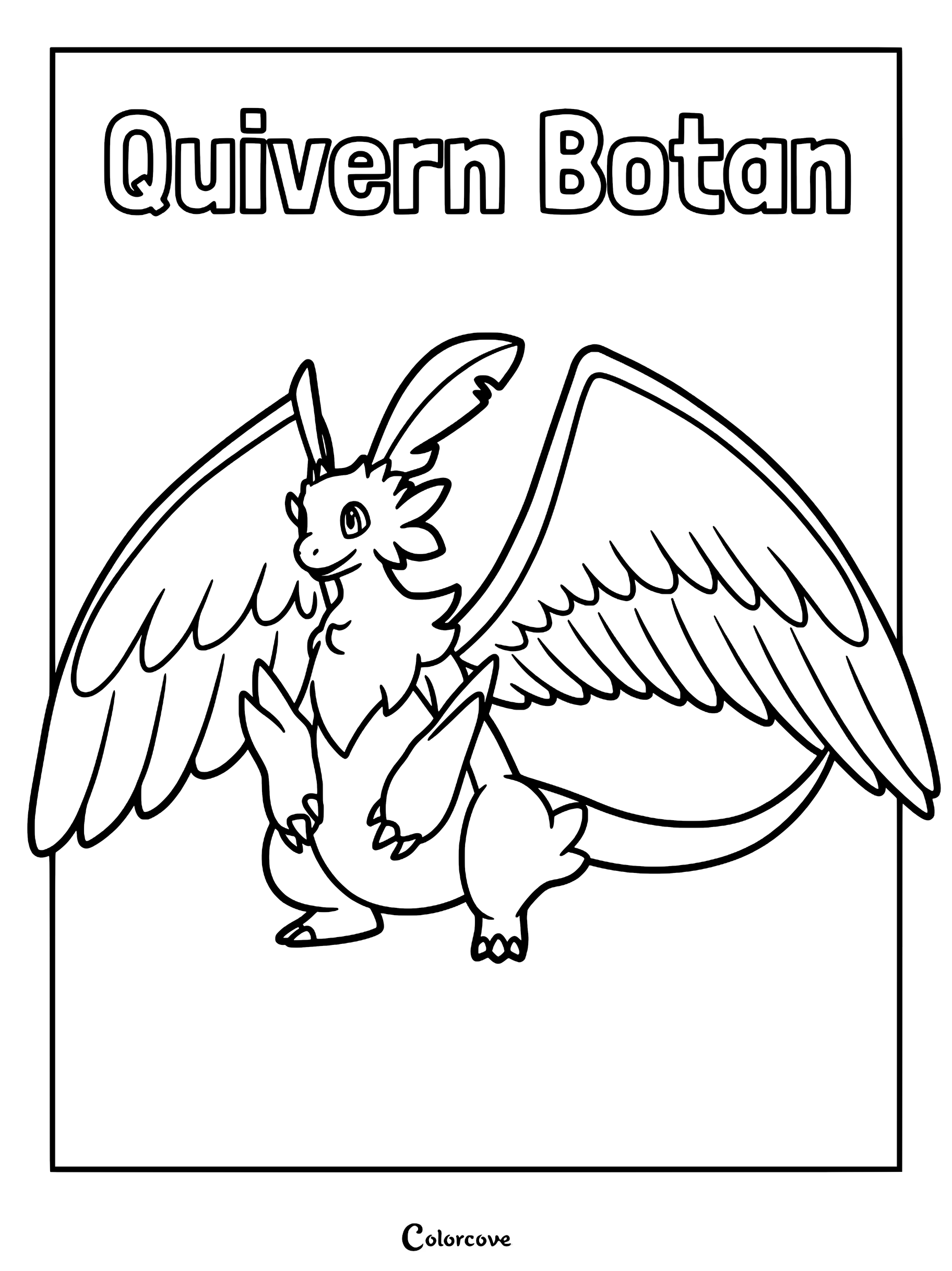 A detailed line art coloring page of the Palworld creature Quivern Botan standing with large feathered wings spread wide.