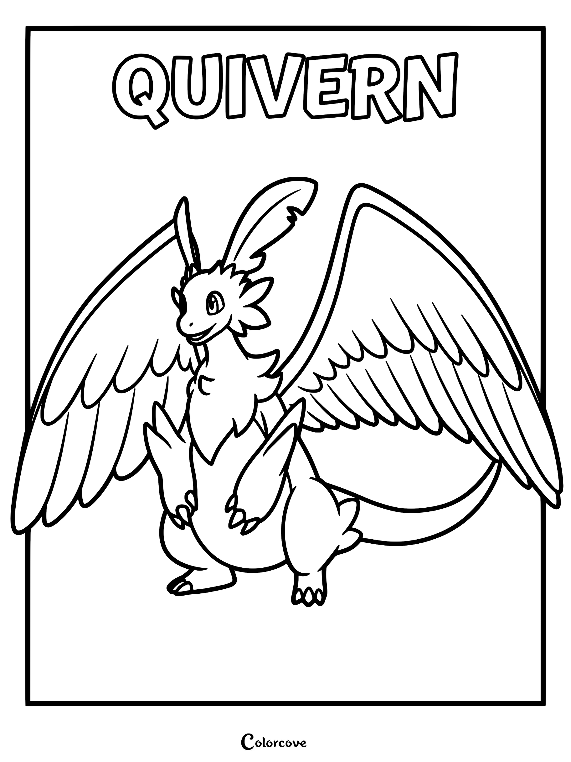 Quivern from Palworld standing with large feathered wings spread wide in a printable coloring page.
