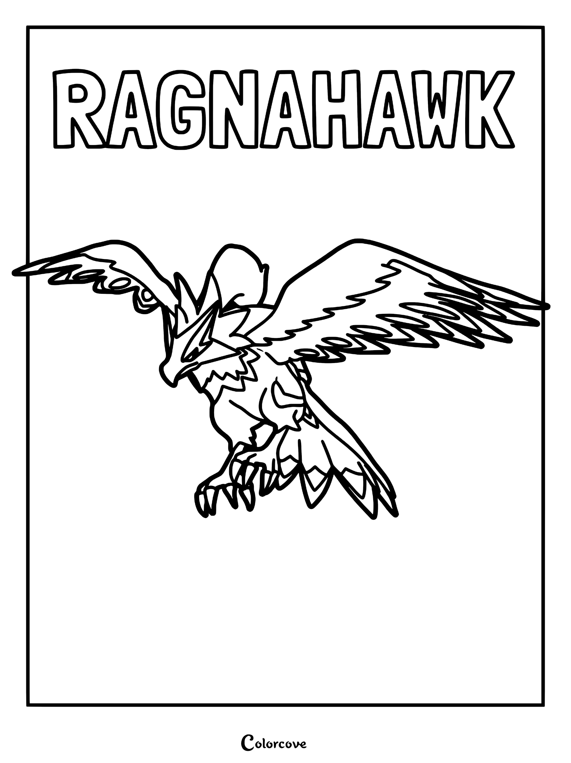 Ragnahawk from Palworld with wings spread wide in a printable coloring page format.