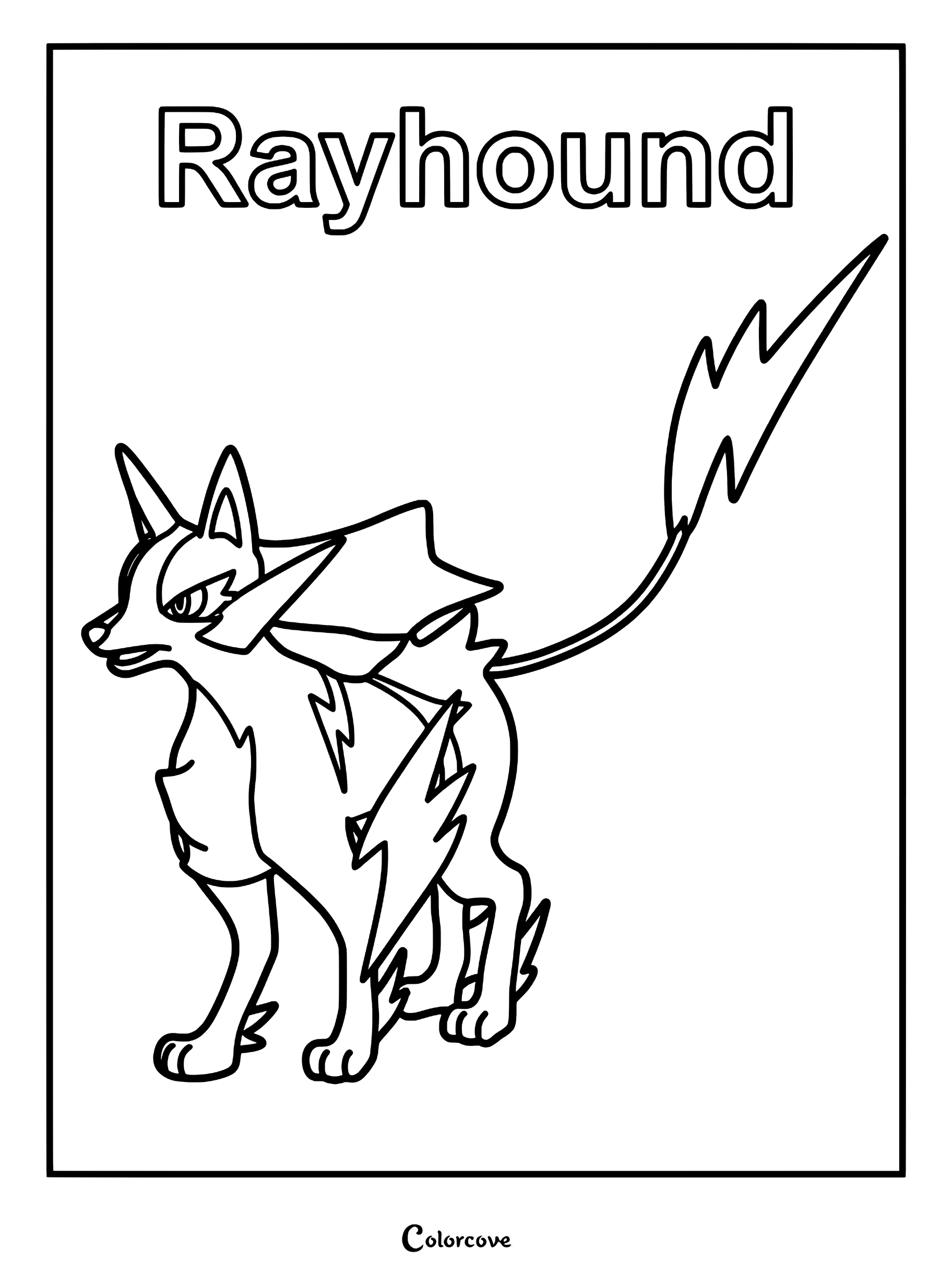 Rayhound from Palworld standing in a profile view, featuring its signature lightning bolt tail and electric fur patterns on a printable coloring page.