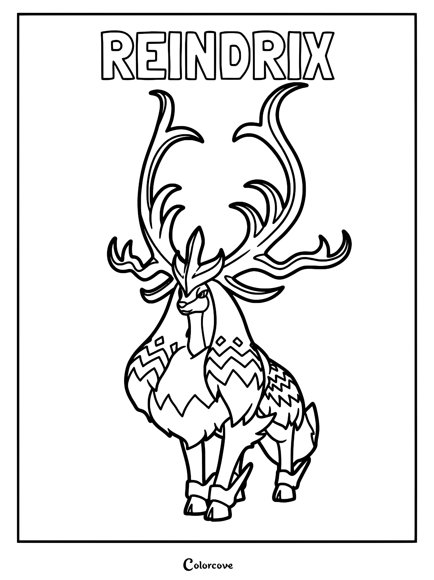 A printable coloring page featuring the Palworld character Reindrix with large antlers and patterned fur.